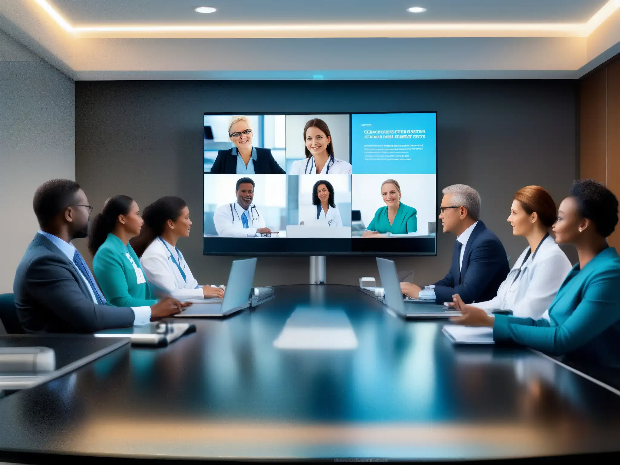 Sala de Conferencias Médicas Moderna Profesionales de la salud en una videoconferencia moderna, cumpliendo requisitos normativos