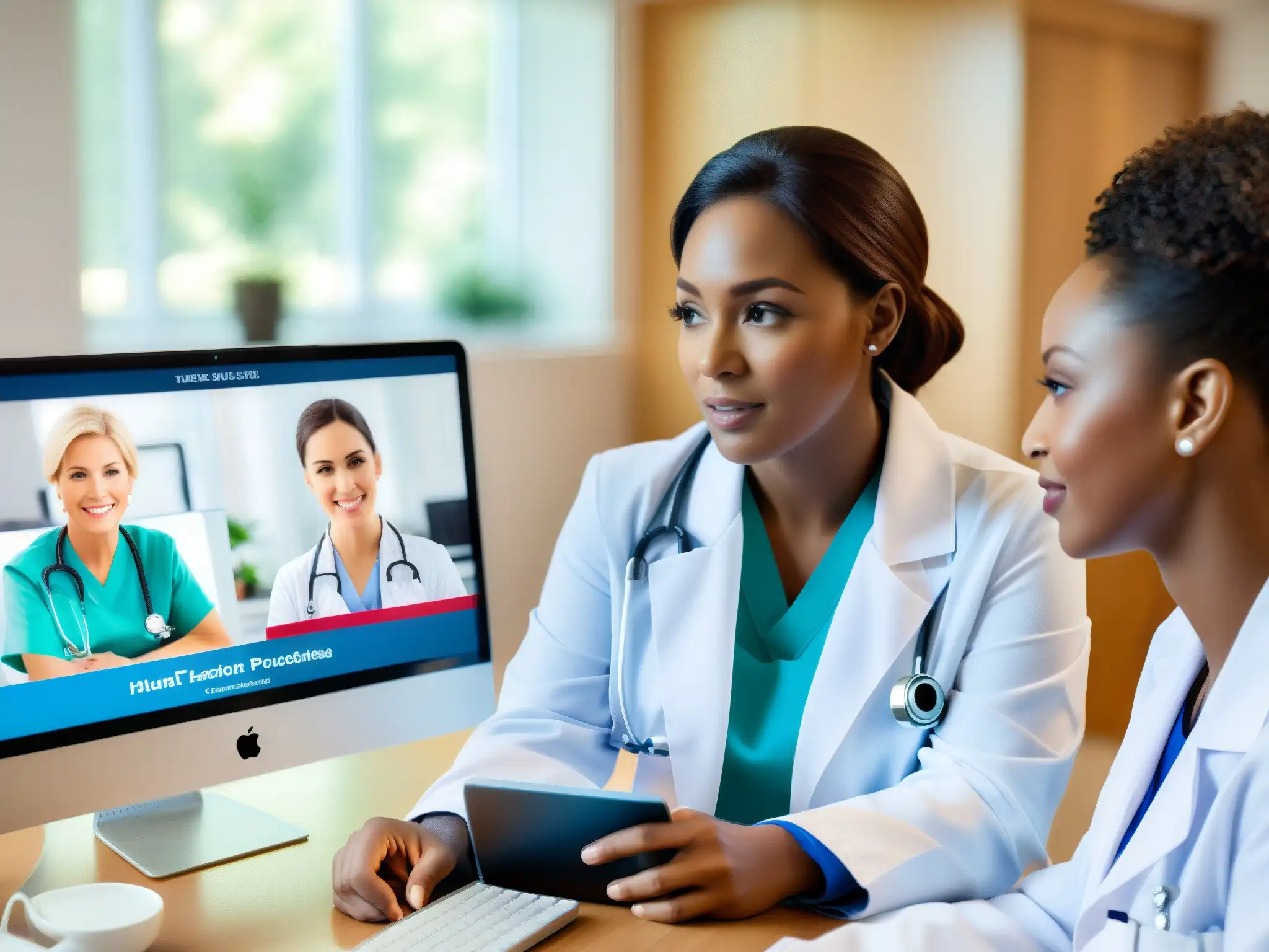 Conferencia médica virtual: Profesionalismo y cuidado en la salud Profesionales de la salud en videoconferencia con paciente desde casa