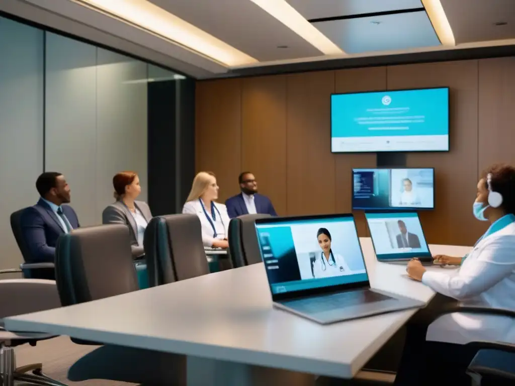 Videoconferencia de expertos en cumplimiento en hospital moderno Profesionales de la salud en videoconferencia, discutiendo requisitos normativos de la industria