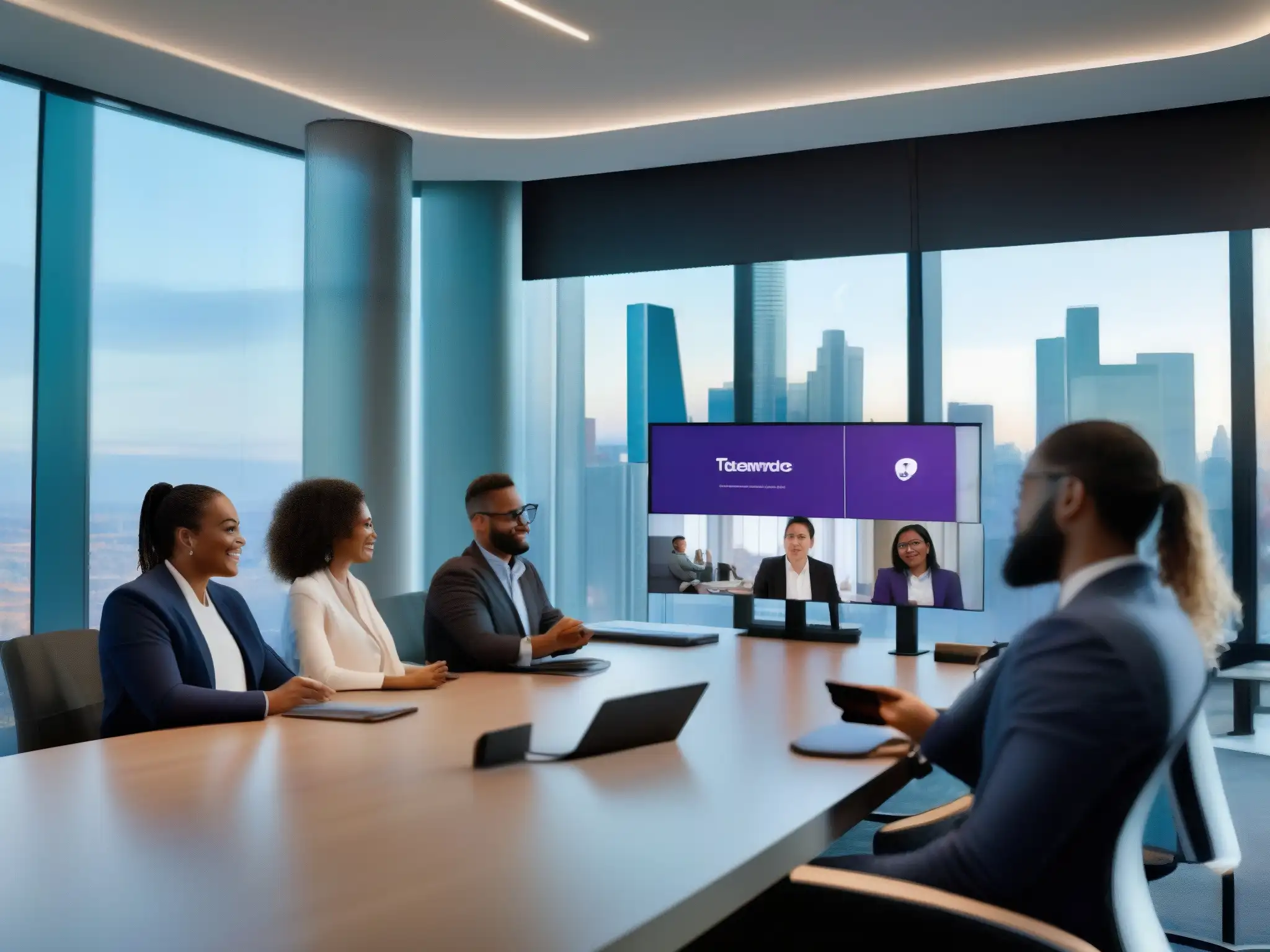 Conferencia de video en Microsoft Teams: Profesionales en acción Profesionales satisfechos en una videoconferencia en dispositivos móviles mediante Microsoft Teams en una sala moderna