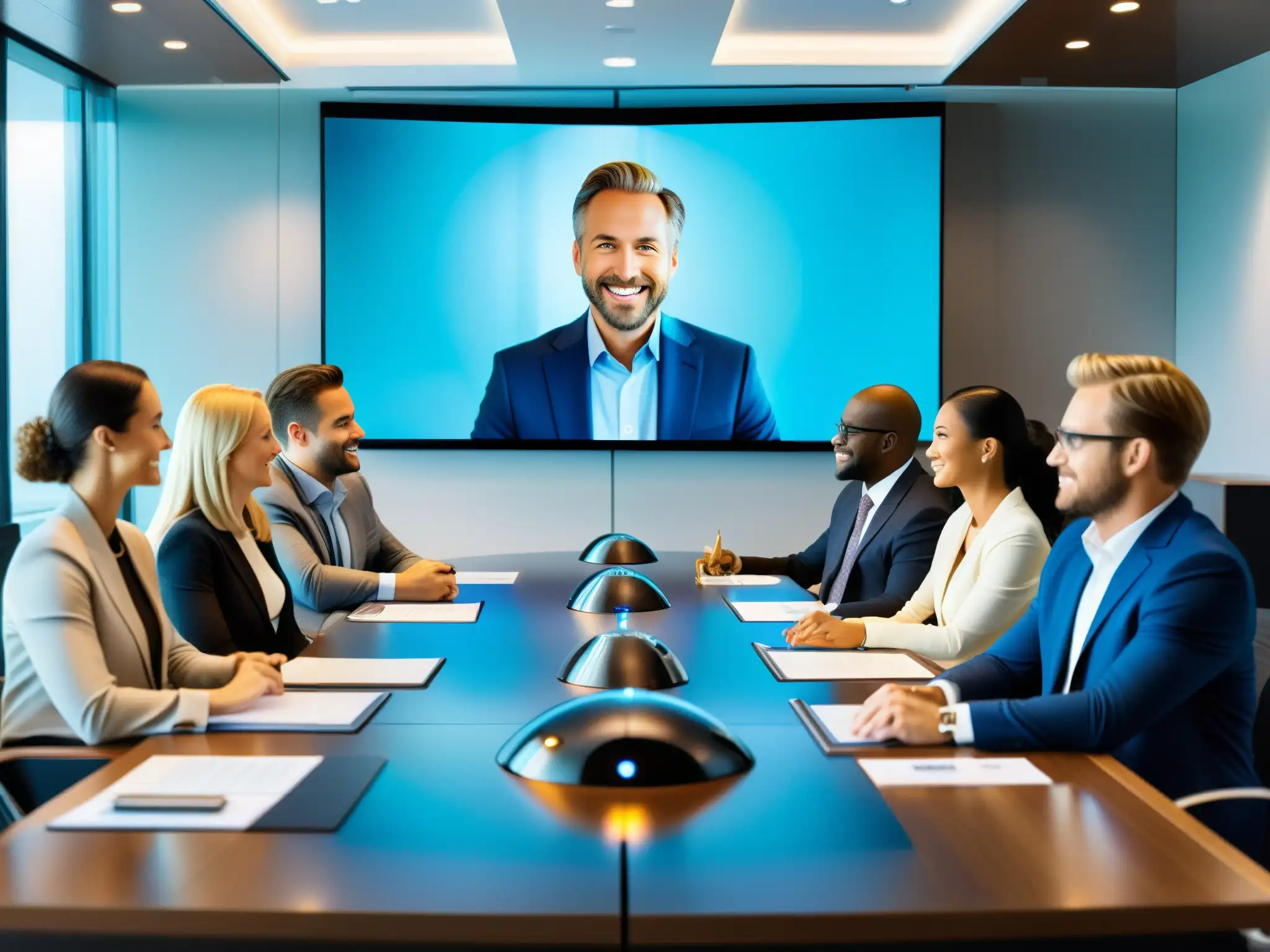 Sala de conferencias moderna y dinámica en alta resolución Profesionales del sector financiero participan en una videoconferencia de alta tecnología en una sala moderna y luminosa