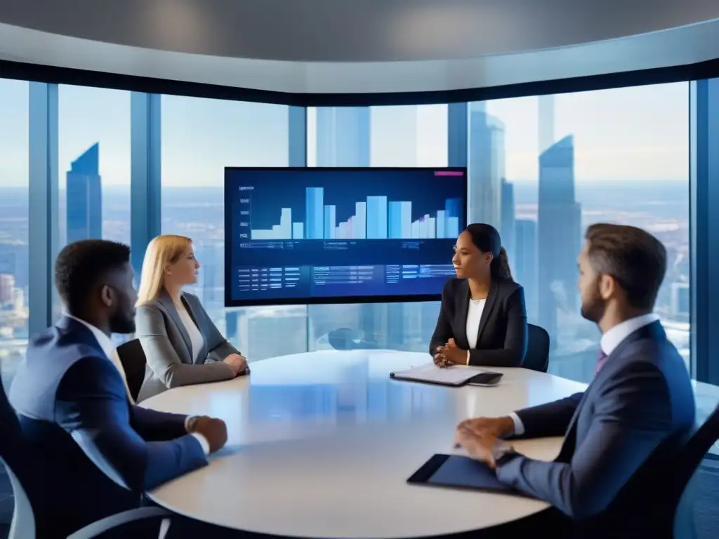 Reunión de negocios con tecnología moderna y colaboración Profesionales del sector financiero en una videoconferencia, mostrando colaboración y profesionalismo