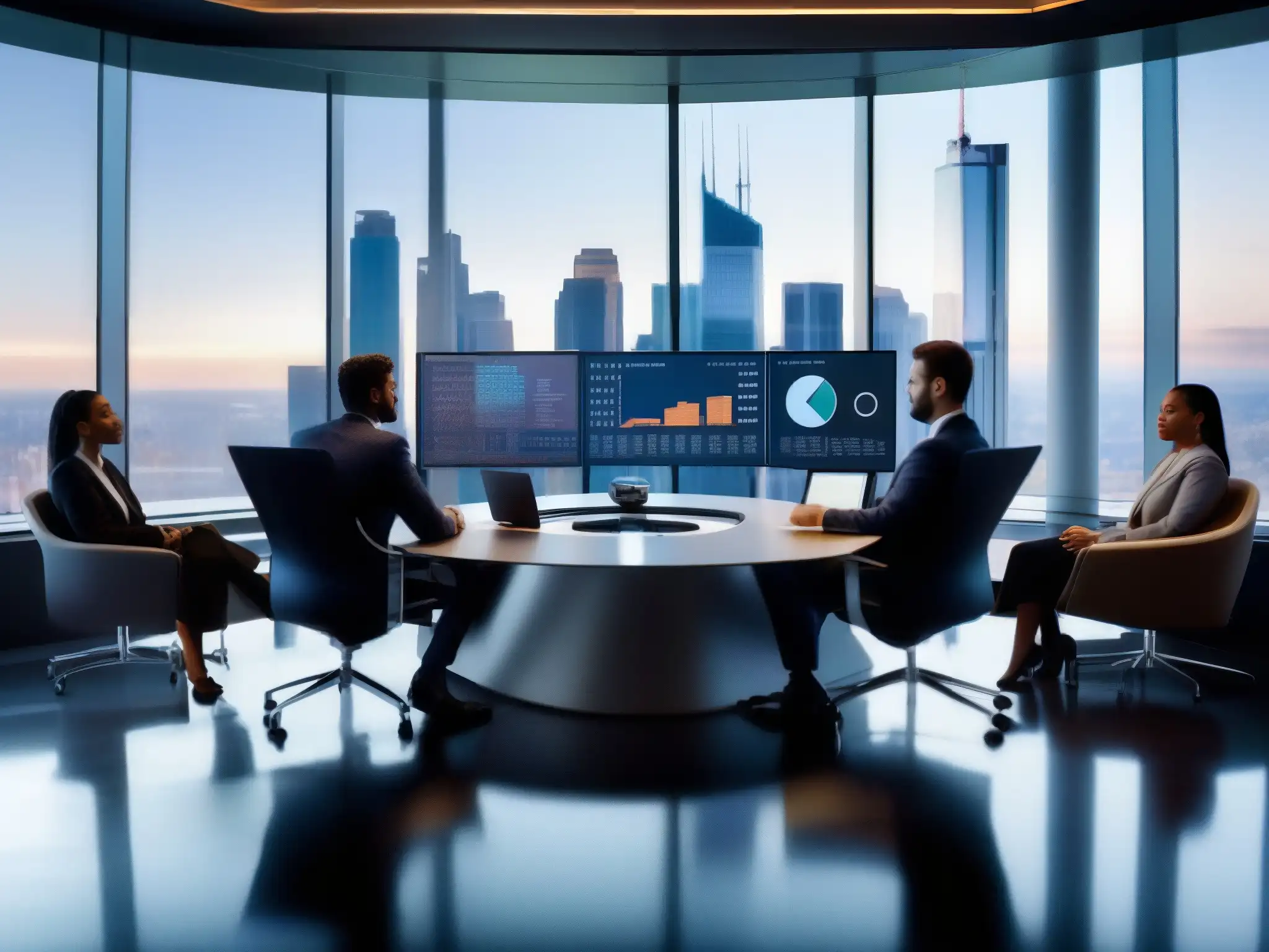 Reunión de negocios con tecnología moderna Profesionales del sector financiero en videoconferencia, enfocados en datos financieros
