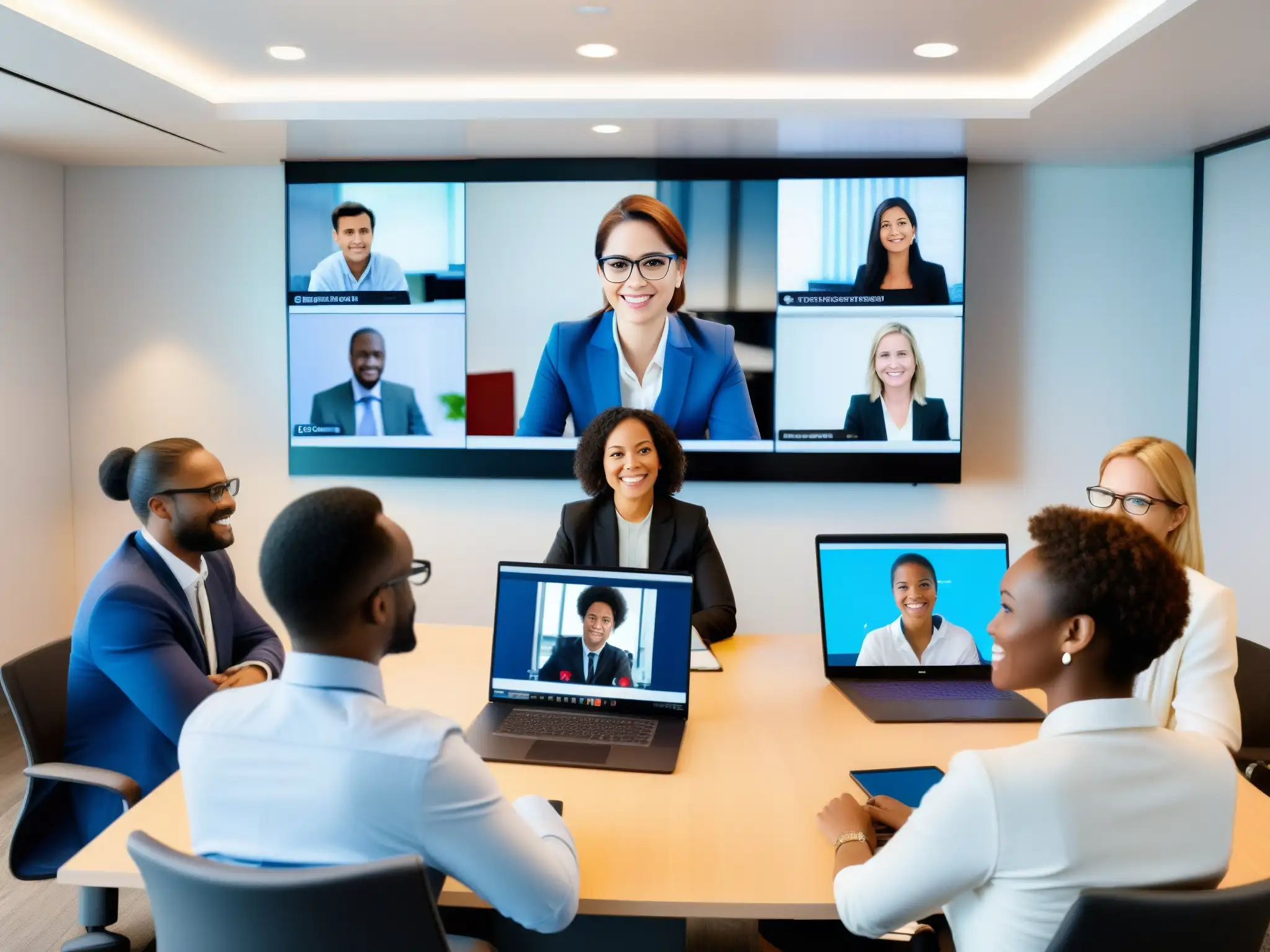Conferencia virtual multilingüe: innovación y colaboración en acción Profesionales de diferentes sectores usan herramientas de videoconferencia para conversar en tiempo real, rompiendo barreras lingüísticas y colaborando en innovación