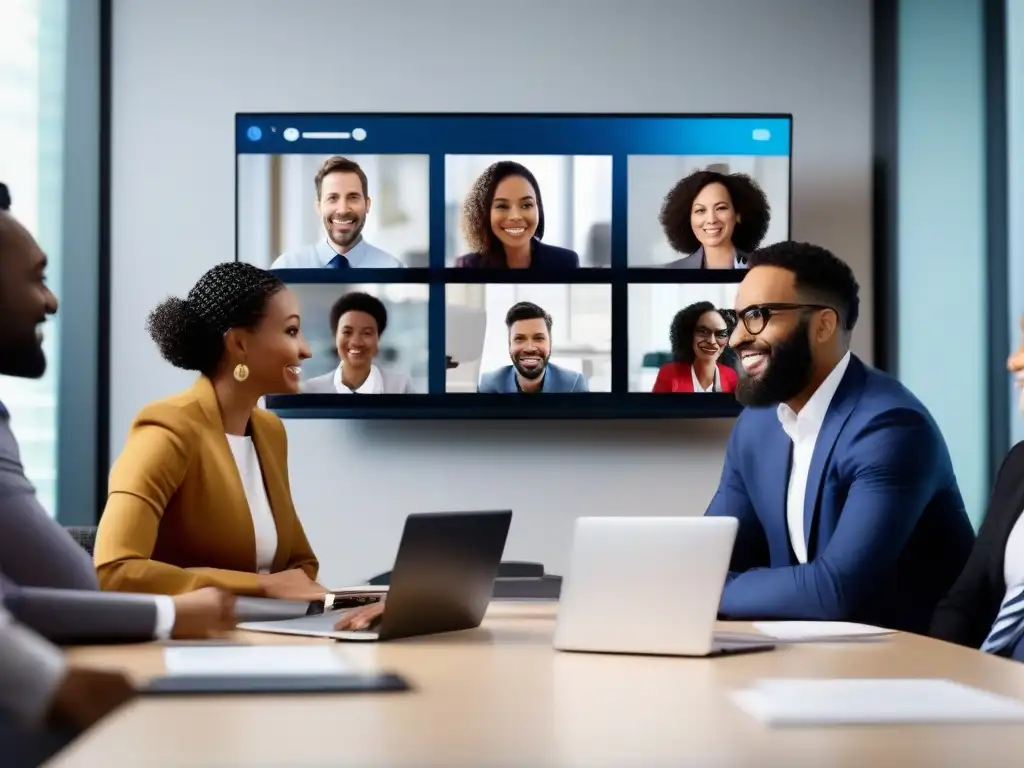 Profesionales internacionales en videoconferencia Profesionales de diferentes sectores en videoconferencia internacional, destacando la flexibilidad de herramientas como Chime y Zoom