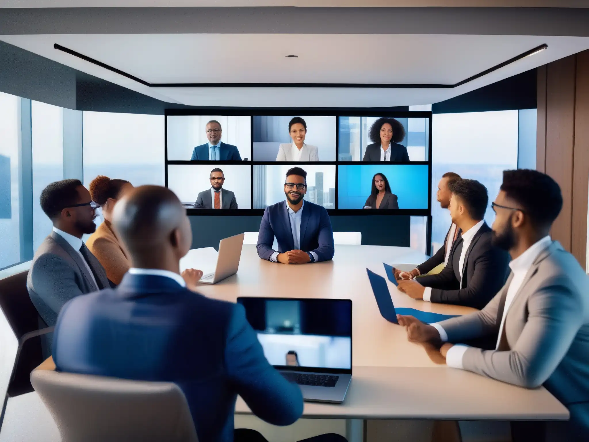 Conferencia virtual diversa y profesional en tiempo real Profesionales de diferentes sectores participan en videoconferencia, mostrando la interoperabilidad en plataformas de videoconferencia