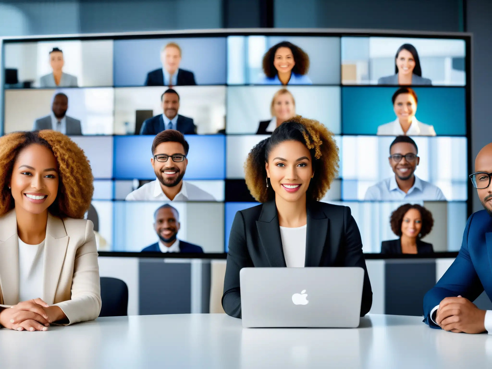 Profesionales concentrados en videollamada con tecnología de seguridad Profesionales seguros gestionando riesgos transferencia internacional datos en videoconferencia