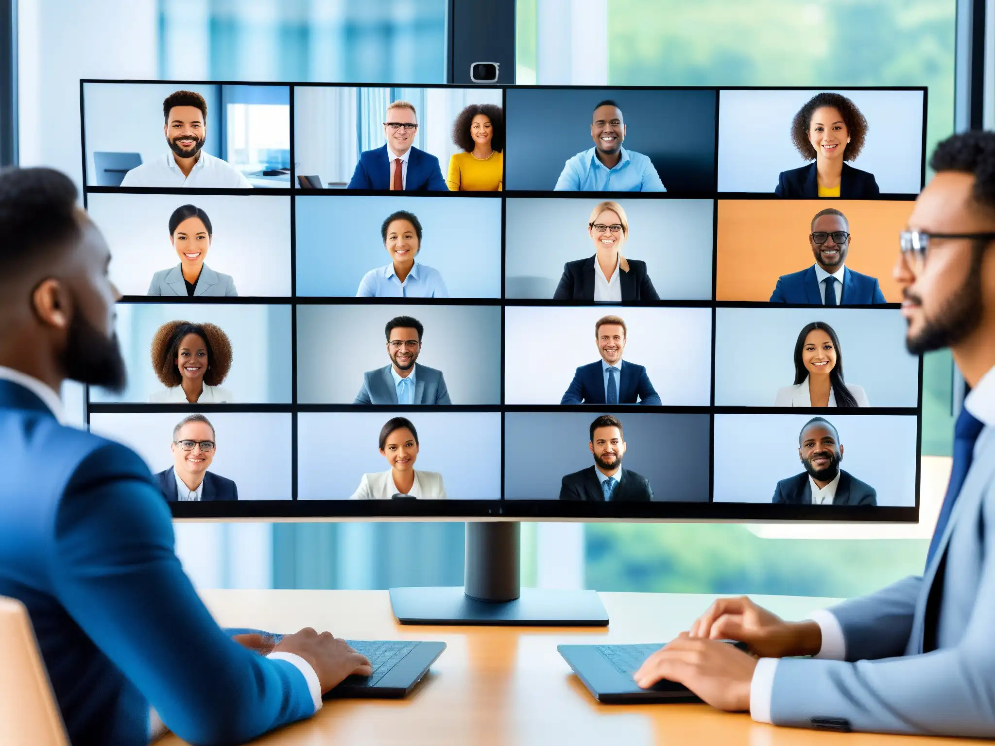 Conferencia segura: Profesionales confiados participan en videoconferencia Profesionales seguros en videoconferencia, reflejando confianza en plataformas de videoconferencia privadas con cifrado