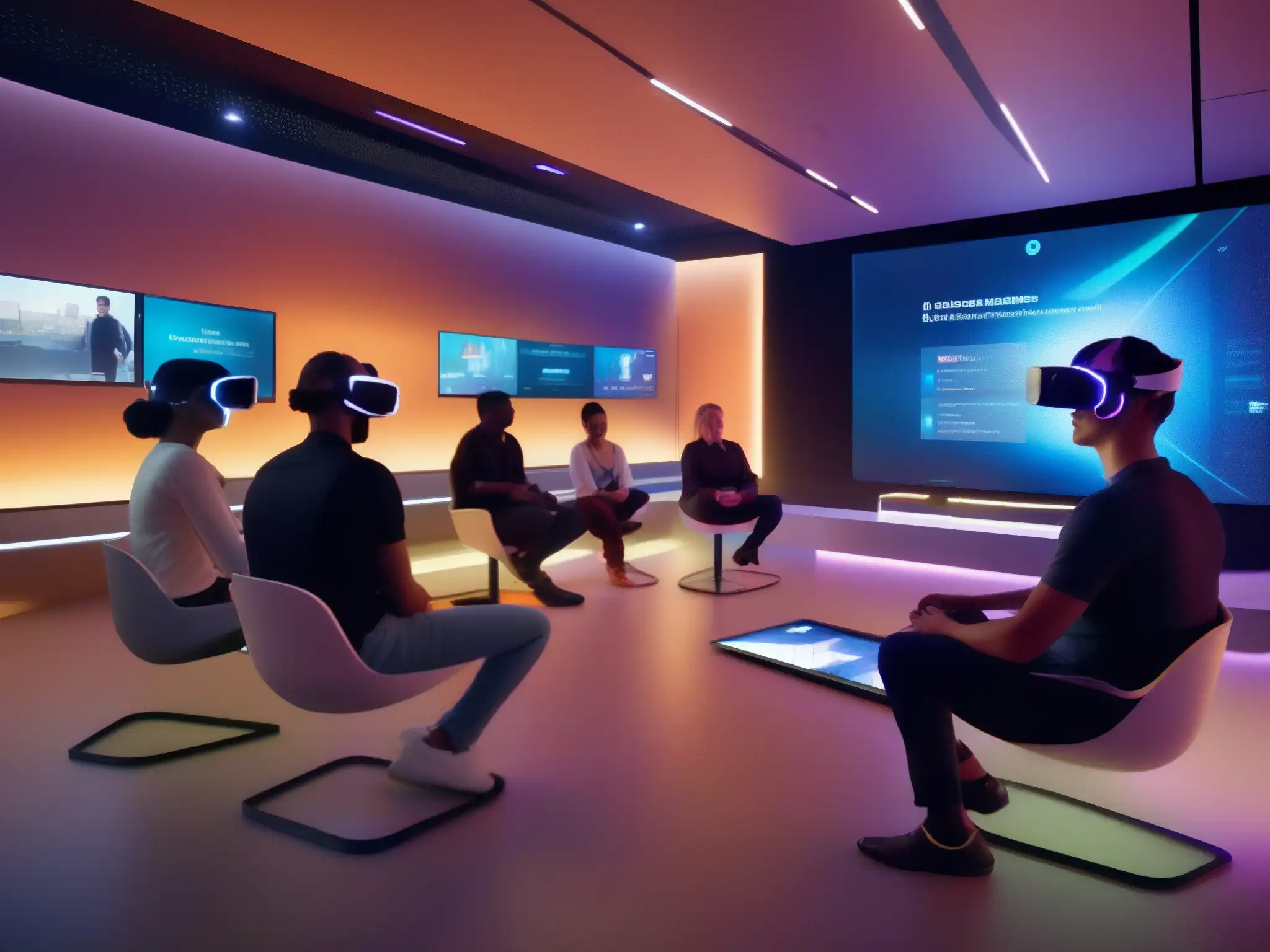 Aula virtual futurista: formación inmersiva con tecnología de vanguardia Profesionales con VR participan en una sesión de capacitación en aula virtual futurista