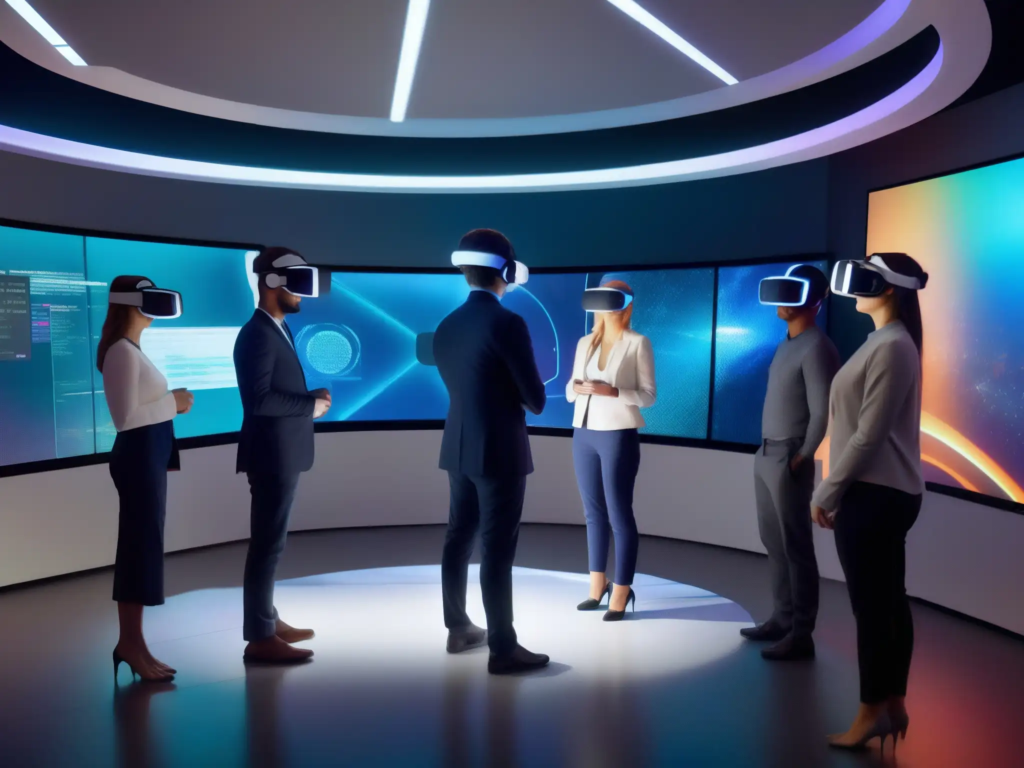 Entrenamiento virtual inmersivo: profesionales en acción Profesionales participan en una sesión de capacitación colaborativa usando realidad virtual en un entorno futurista con tecnología avanzada