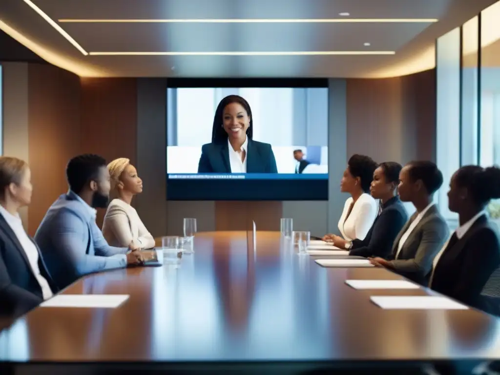 Entrenamiento virtual dinámico con profesionales diversos en sala moderna Profesionales participan en una sesión de videoconferencia colaborativa en una moderna sala de juntas