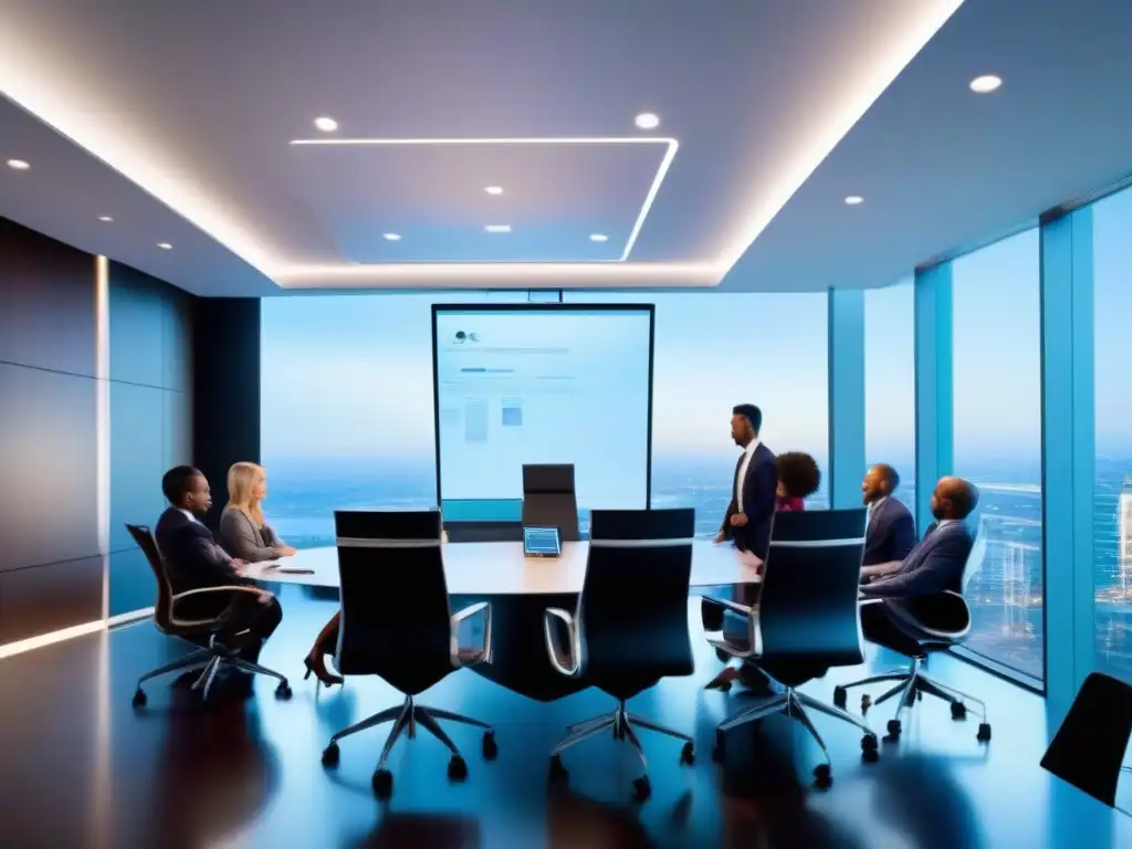 Profesionales confiados en videoconferencia de vanguardia Profesionales utilizan sistema de videoconferencia futurista en sala luminosa, transmitiendo innovación y seguridad en protocolos de videoconferencias