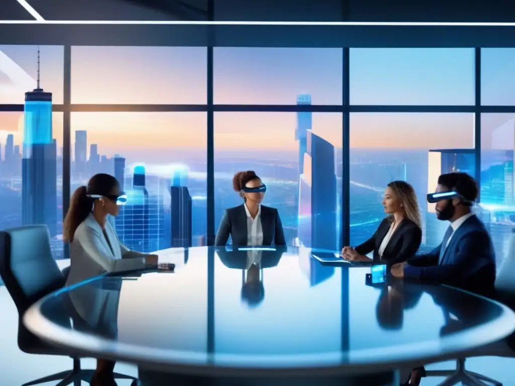 Reunión de realidad aumentada en ciudad futurista Profesionales usando software de realidad aumentada en una videoconferencia futurista