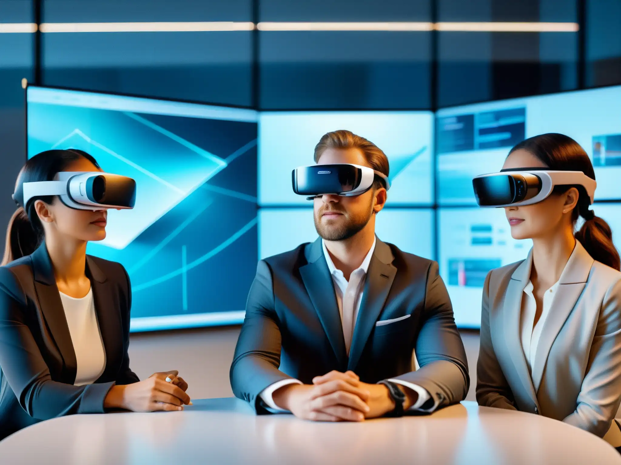 Profesionales interactúan con realidad aumentada en oficina futurista Profesionales usan software de realidad aumentada en oficina moderna, interactuando con modelos 3D