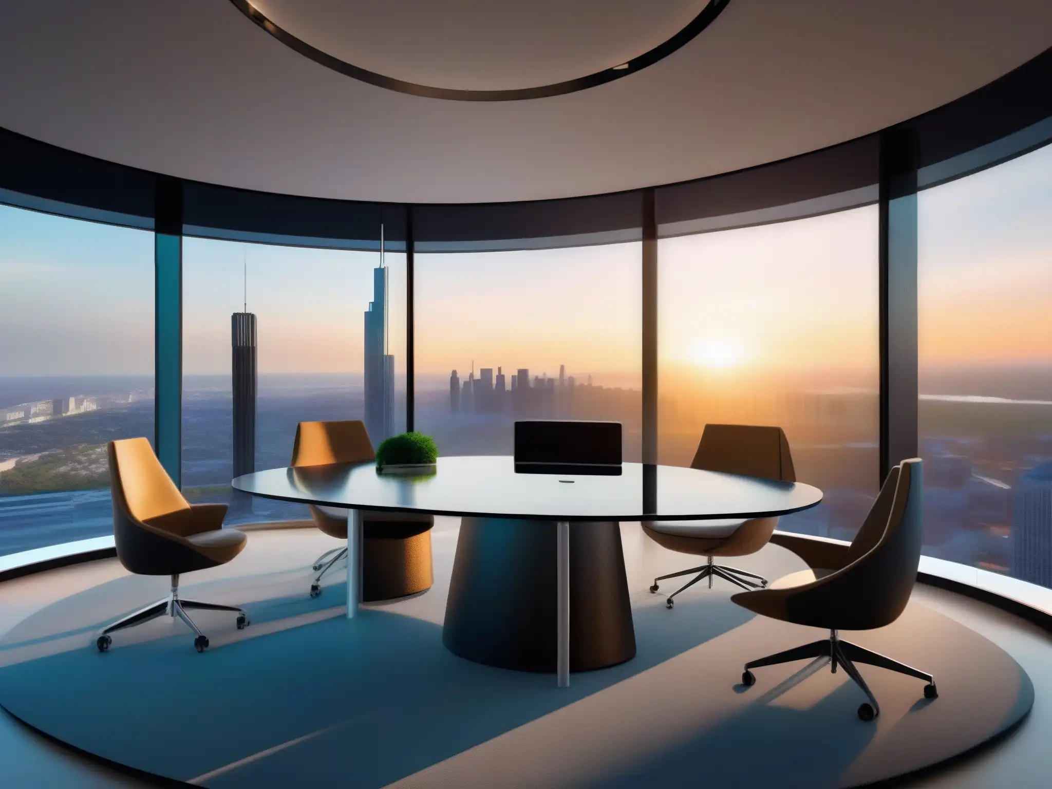 Salón de reuniones virtuales futurista en la ciudad al atardecer Profesionales de startups en una sala de reuniones futurista con videoconferencia, disfrutando de una vibrante comparativa de la ciudad al atardecer