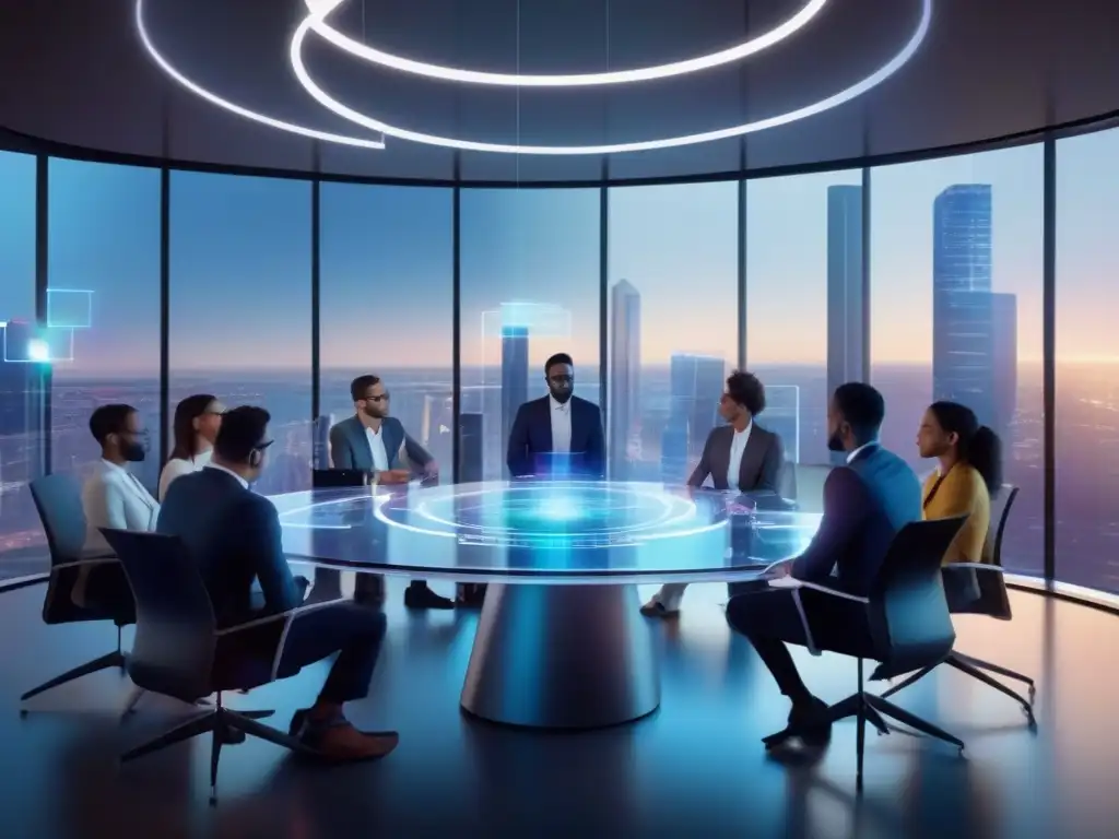 Reunión virtual futurista de profesionales con AR Profesionales de startups en videoconferencia con realidad aumentada, colaborando con hologramas en sala futurista con vista a la ciudad