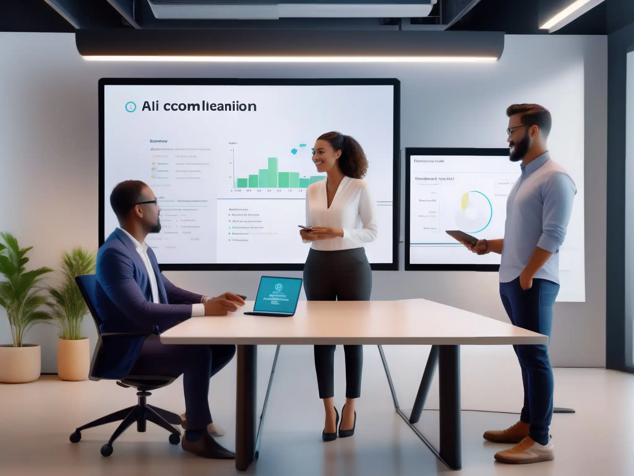 Colaboración profesional con AI en videoconferencia Profesionales colaborando en un tablero virtual con IA que mejora usabilidad plataformas videoconferencia con AI