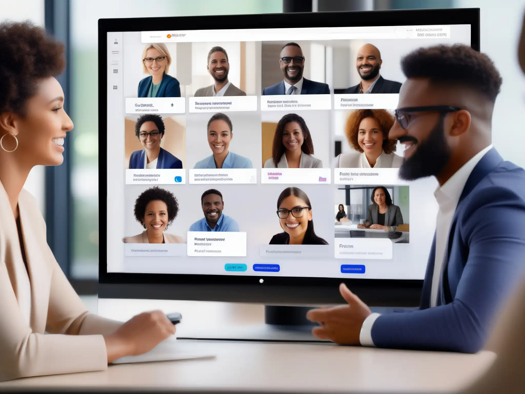 Profesionales colaborando en una pizarra virtual de Microsoft Teams Profesionales colaboran en un tablero virtual personalizable con APIs en Microsoft Teams