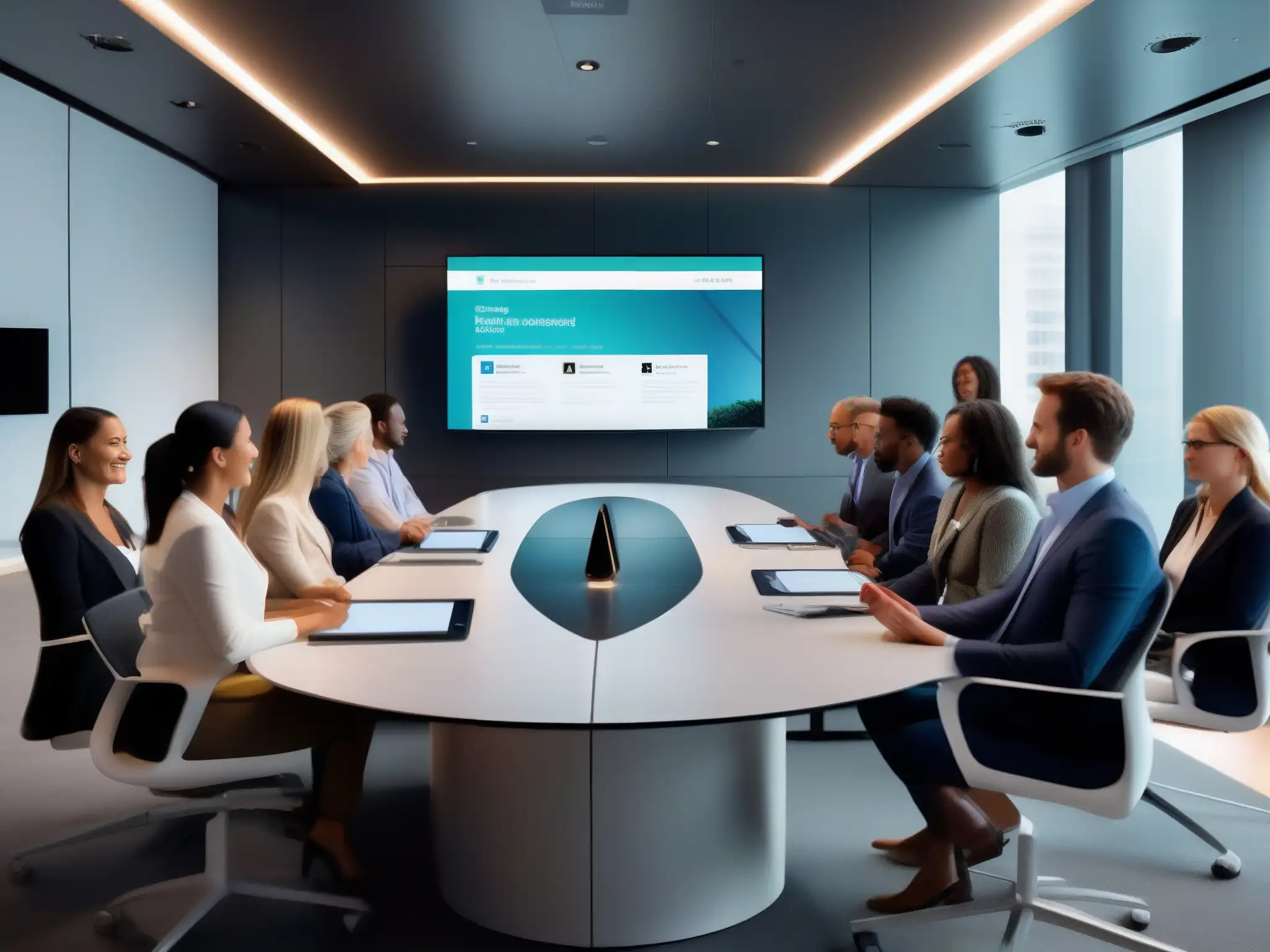Sala de reuniones virtuales con Amazon Chime: innovación profesional 'Profesionales participando en un taller virtual en una sala moderna con Amazon Chime para workshops virtuales'