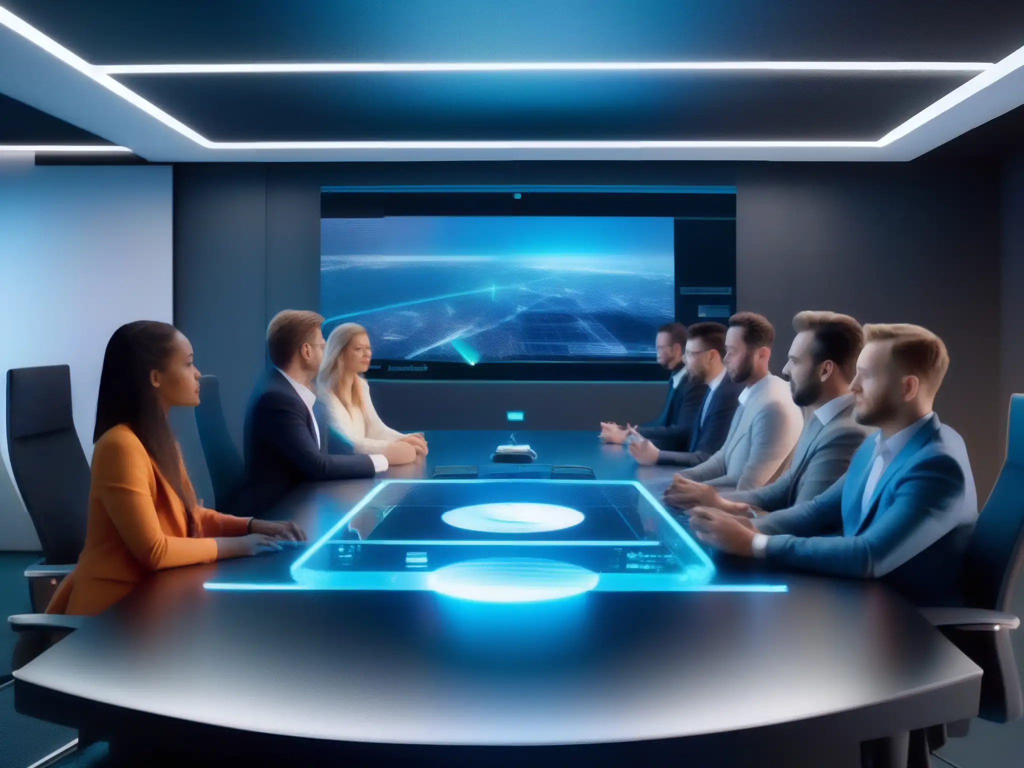 Reunión de expertos en videoconferencia holográfica futurista Profesionales discuten técnicas de codificación y decodificación en videoconferencias, rodeados de tecnología de vanguardia