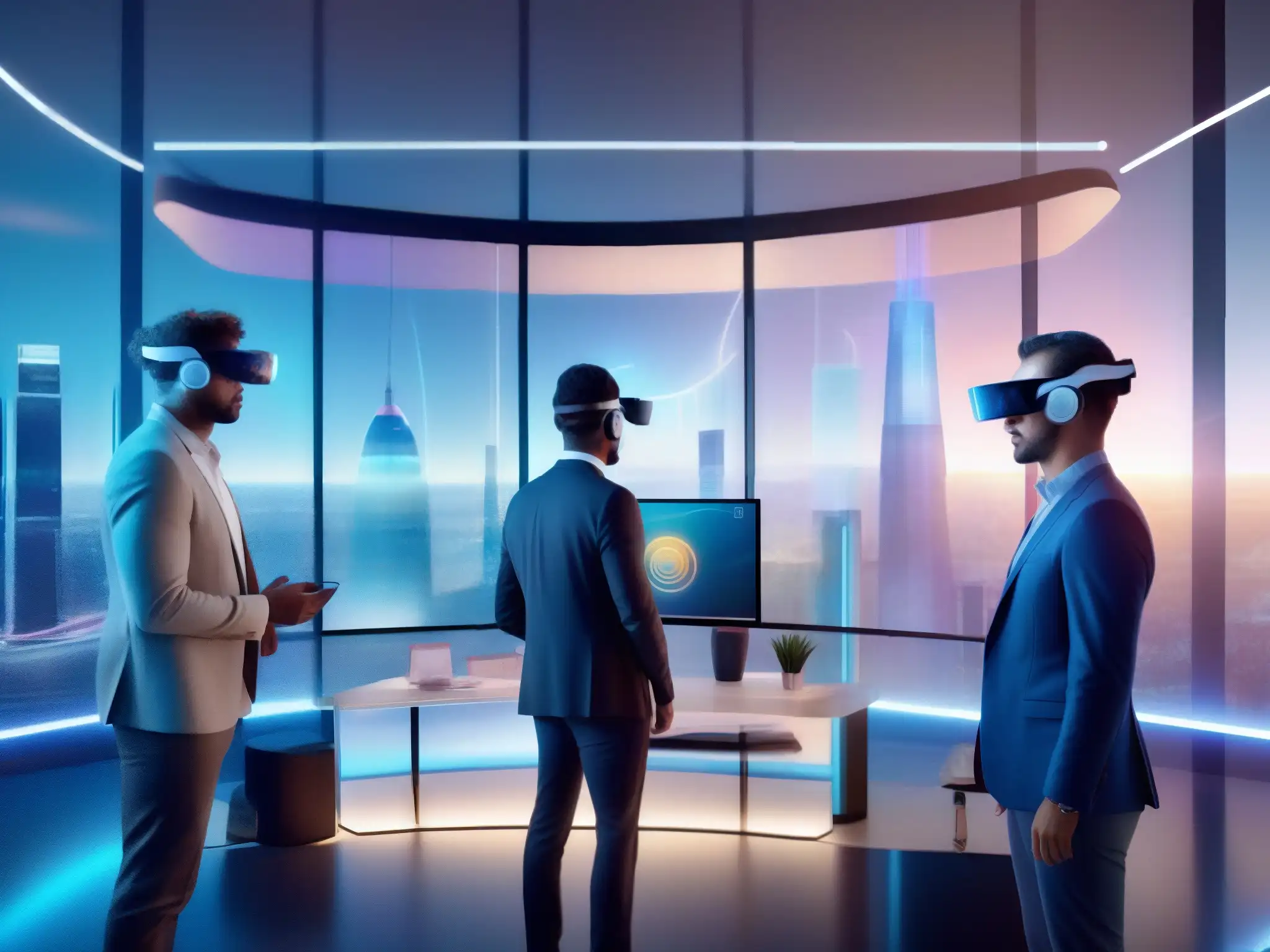Colaboración 5G: Profesionales en oficina futurista con AR Profesionales usando tecnología 5G en oficina futurista con hologramas, transformación comunicaciones tiempo real 5G