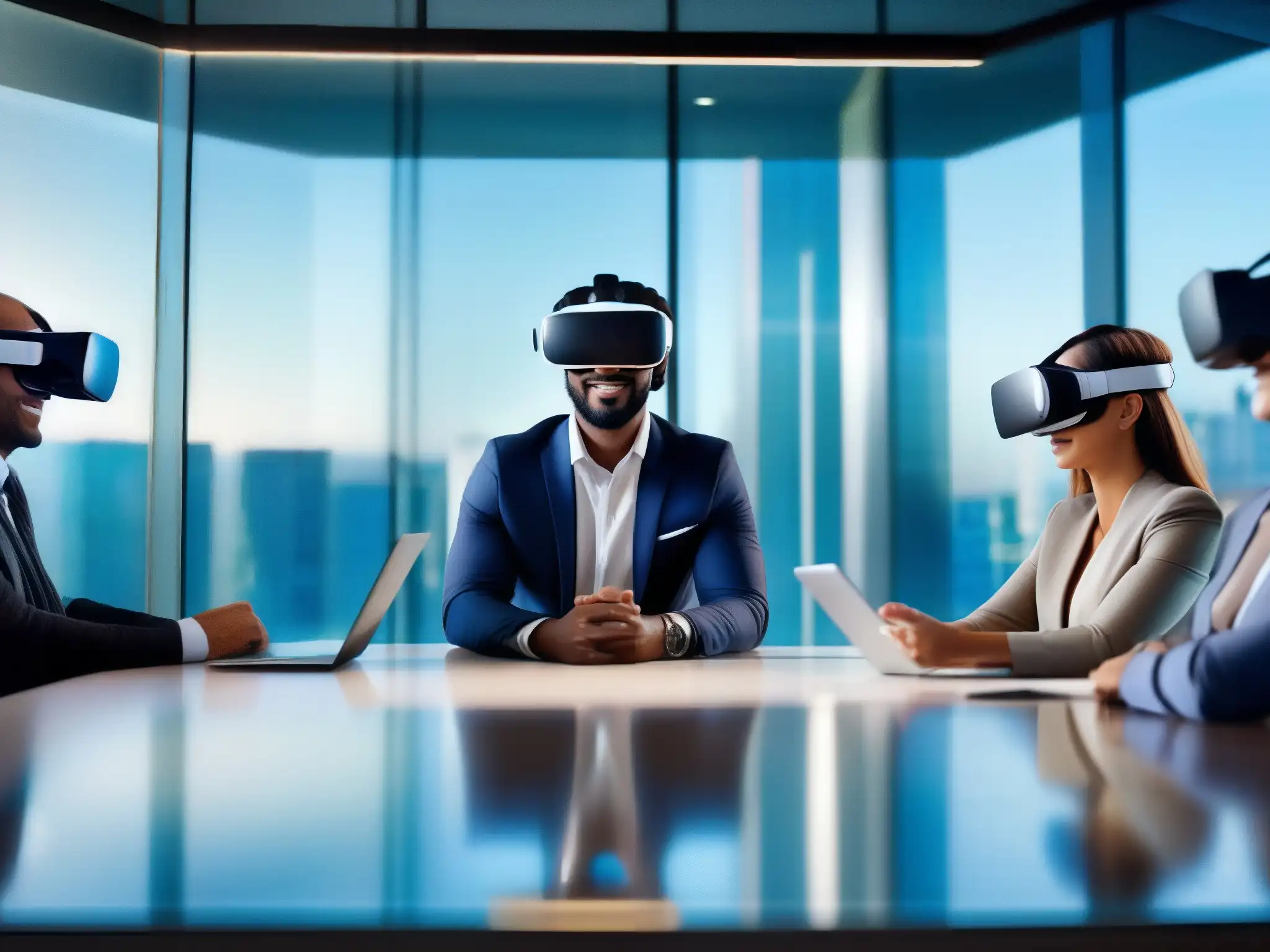 Sala de conferencias virtuales innovadora y eficiente con VR Profesionales utilizan tecnología de realidad virtual en videoconferencia