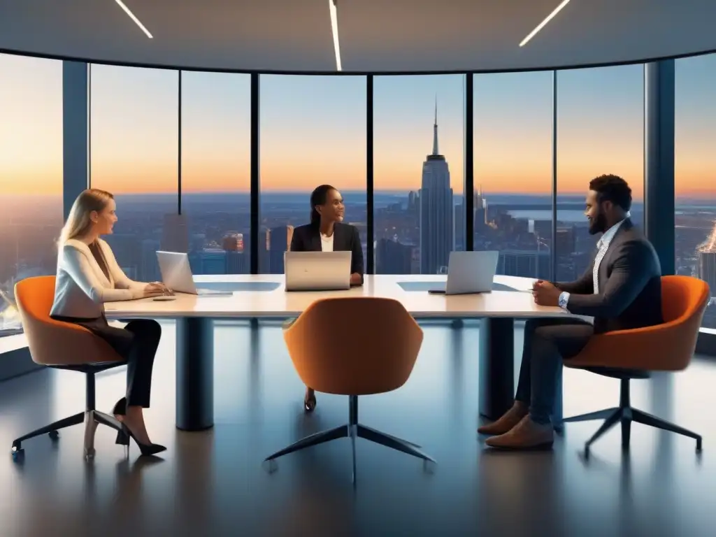 Reunión profesional con RingCentral Meetings: colaboración en tiempo real Profesionales colaborando en tiempo real con RingCentral, en una moderna oficina con vistas a la ciudad