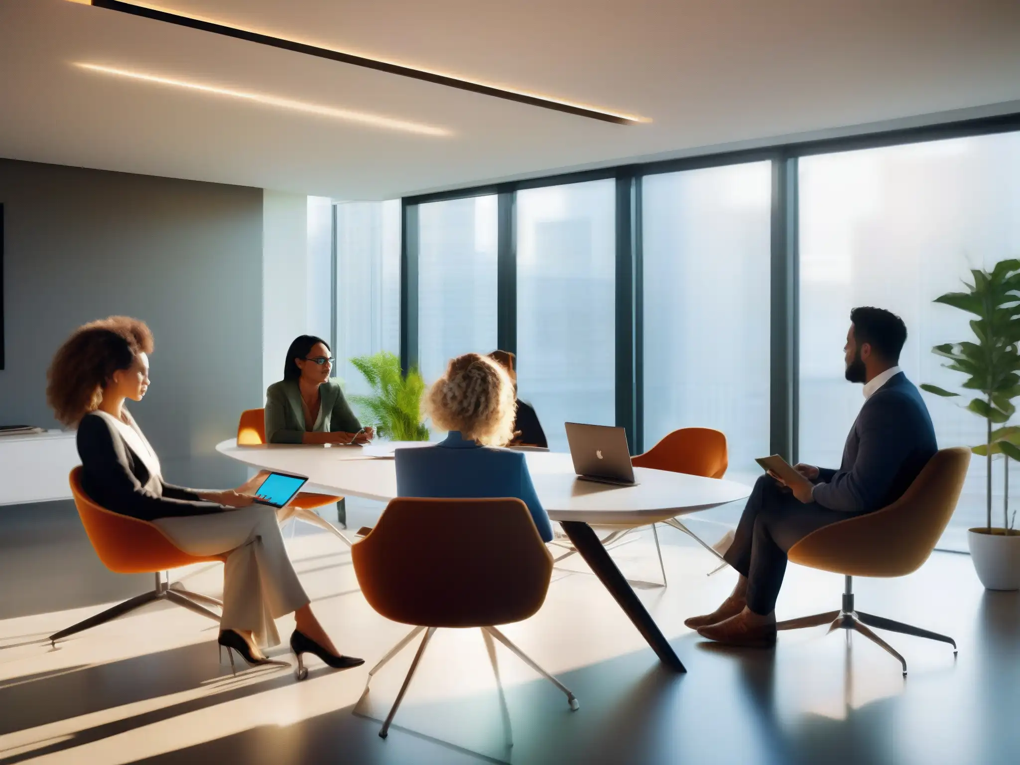 Reunión productiva con RingCentral Meetings Profesionales colaboran en tiempo real con RingCentral en una oficina moderna llena de luz y productividad