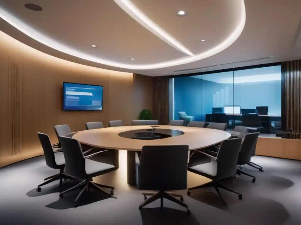 Sala de videoconferencias futurista y segura Profesionales en traje se reúnen en una sala de videoconferencias futurista, con regulaciones de privacidad en pantallas transparentes