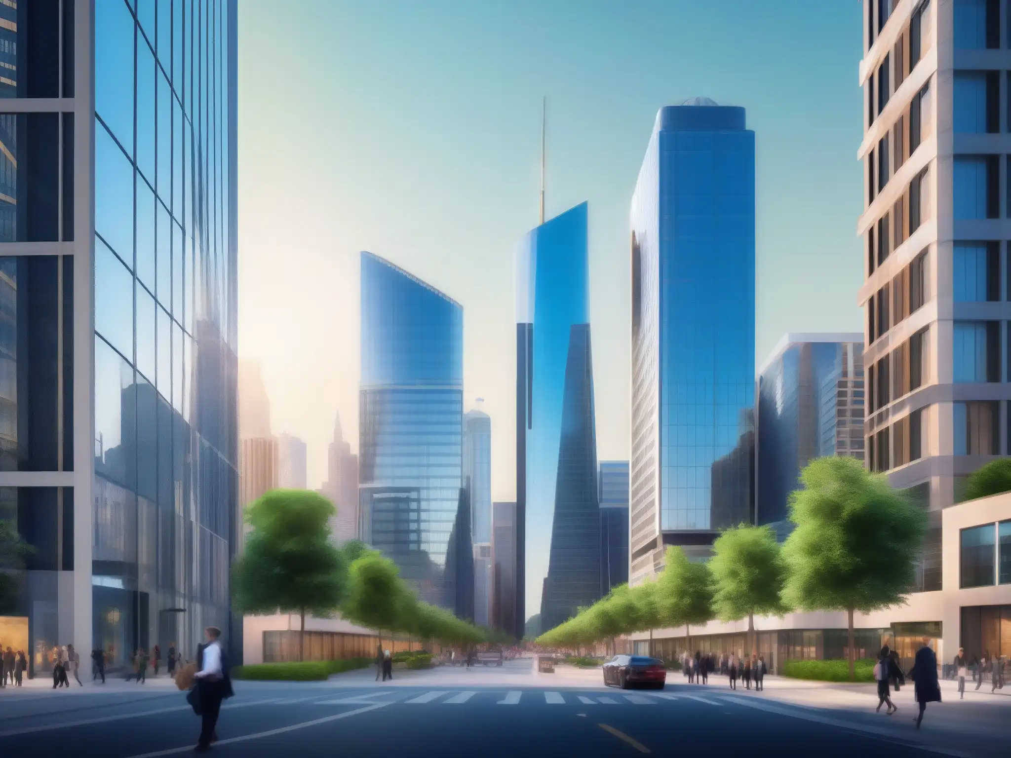 Skyline moderno de ciudad con profesionales en movimiento Profesionales urbanos en videoconferencias, rodeados de modernos rascacielos y un paisaje urbano dinámico y profesional
