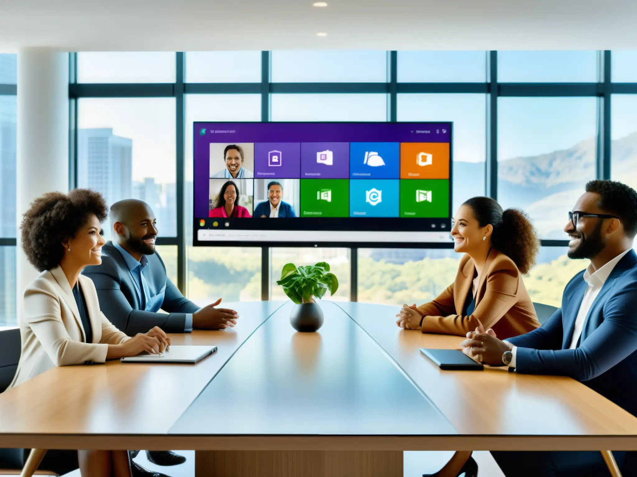 Profesionales diversos colaborando en una reunión dinámica Profesionales colaborando en una videoconferencia en Microsoft Teams