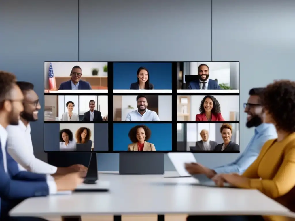 Videoconferencia profesional: colaboración efectiva y versátil Profesionales diversos participan activamente en una videoconferencia