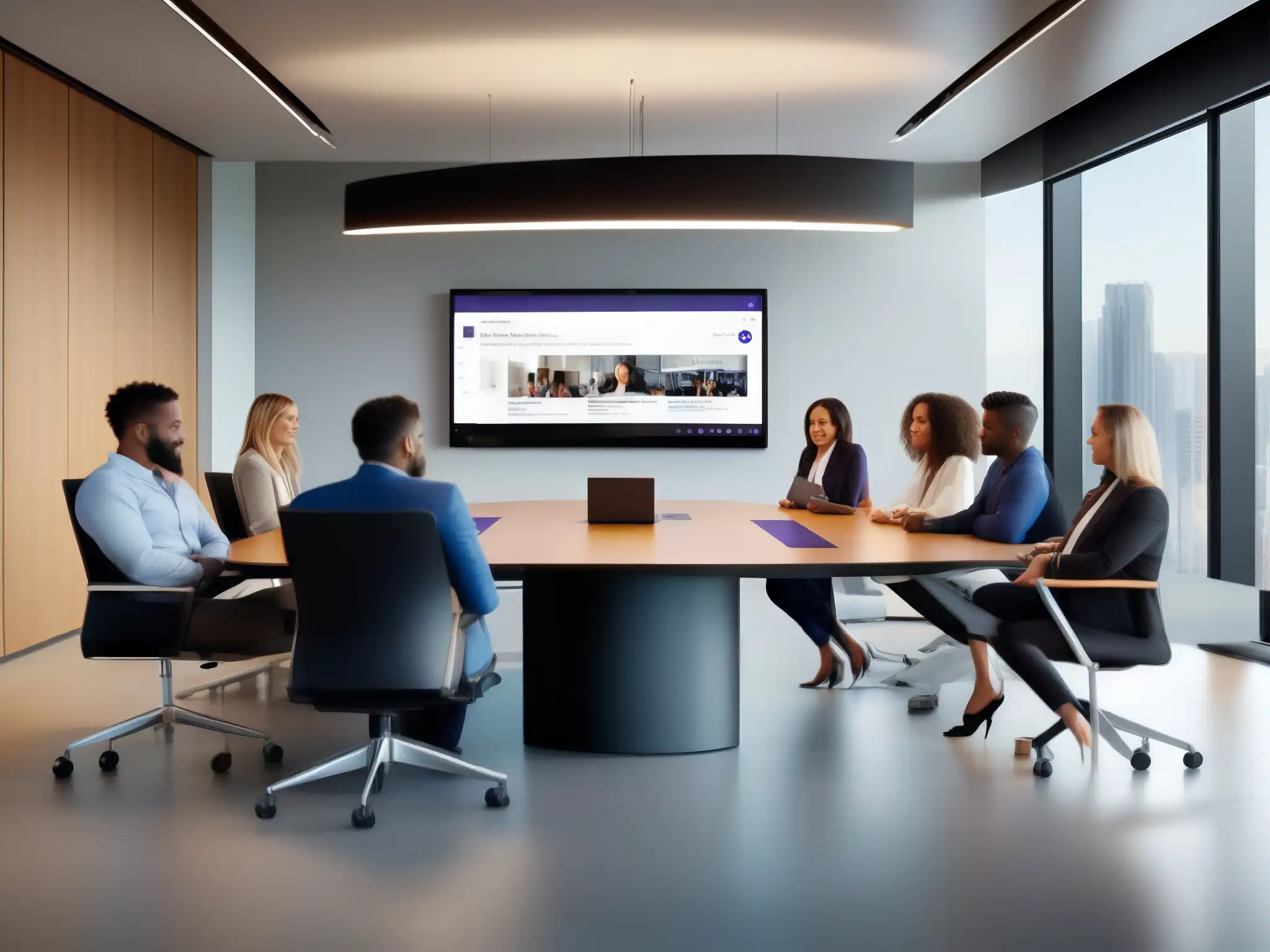 Reunión virtual en Microsoft Teams: Colaboración entusiasta en sala moderna Profesionales colaborando en una videoconferencia con Microsoft Teams