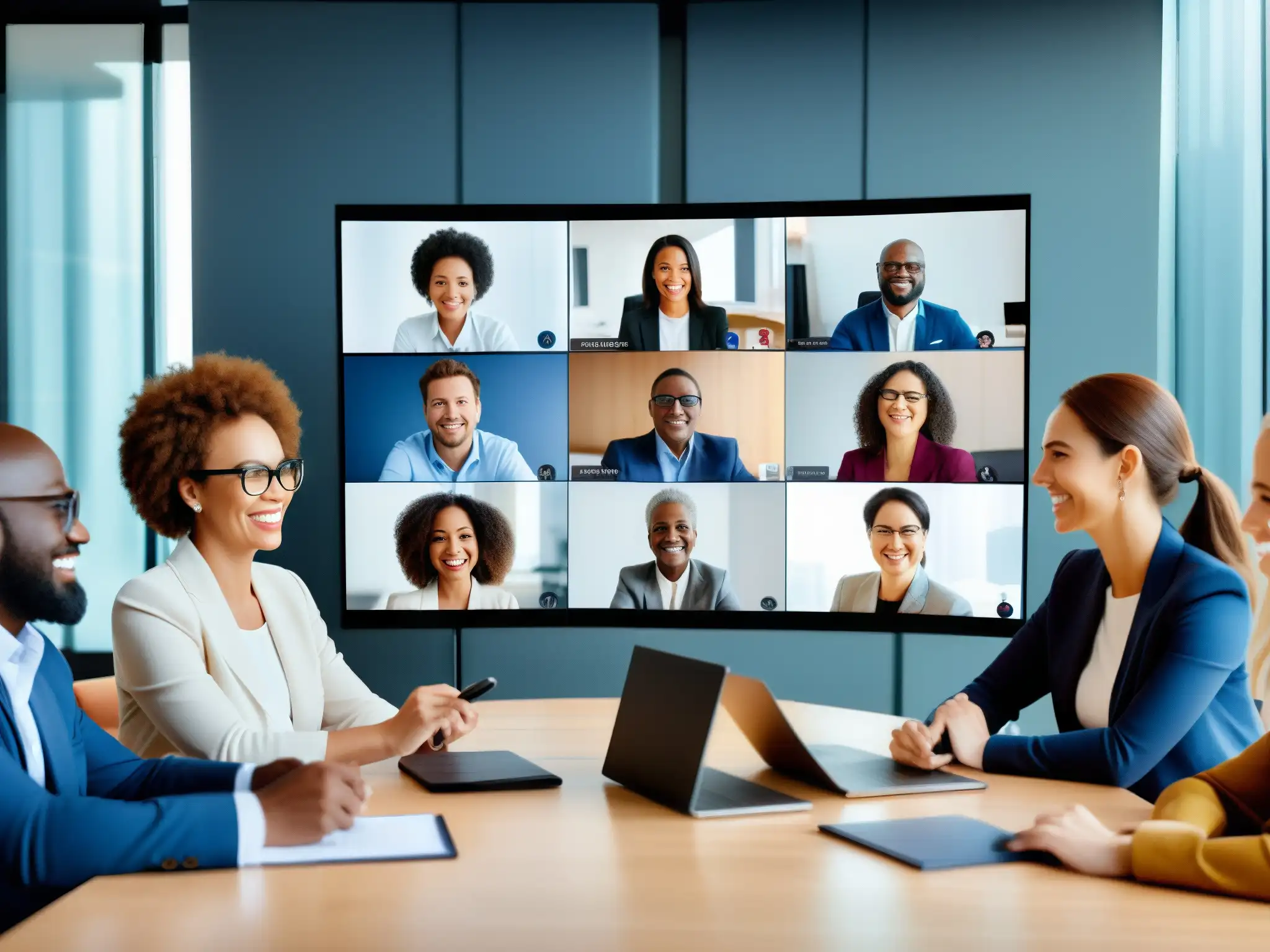 Conferencia virtual dinámica: profesionales colaborativos en acción Profesionales diversos participan activamente en videoconferencia