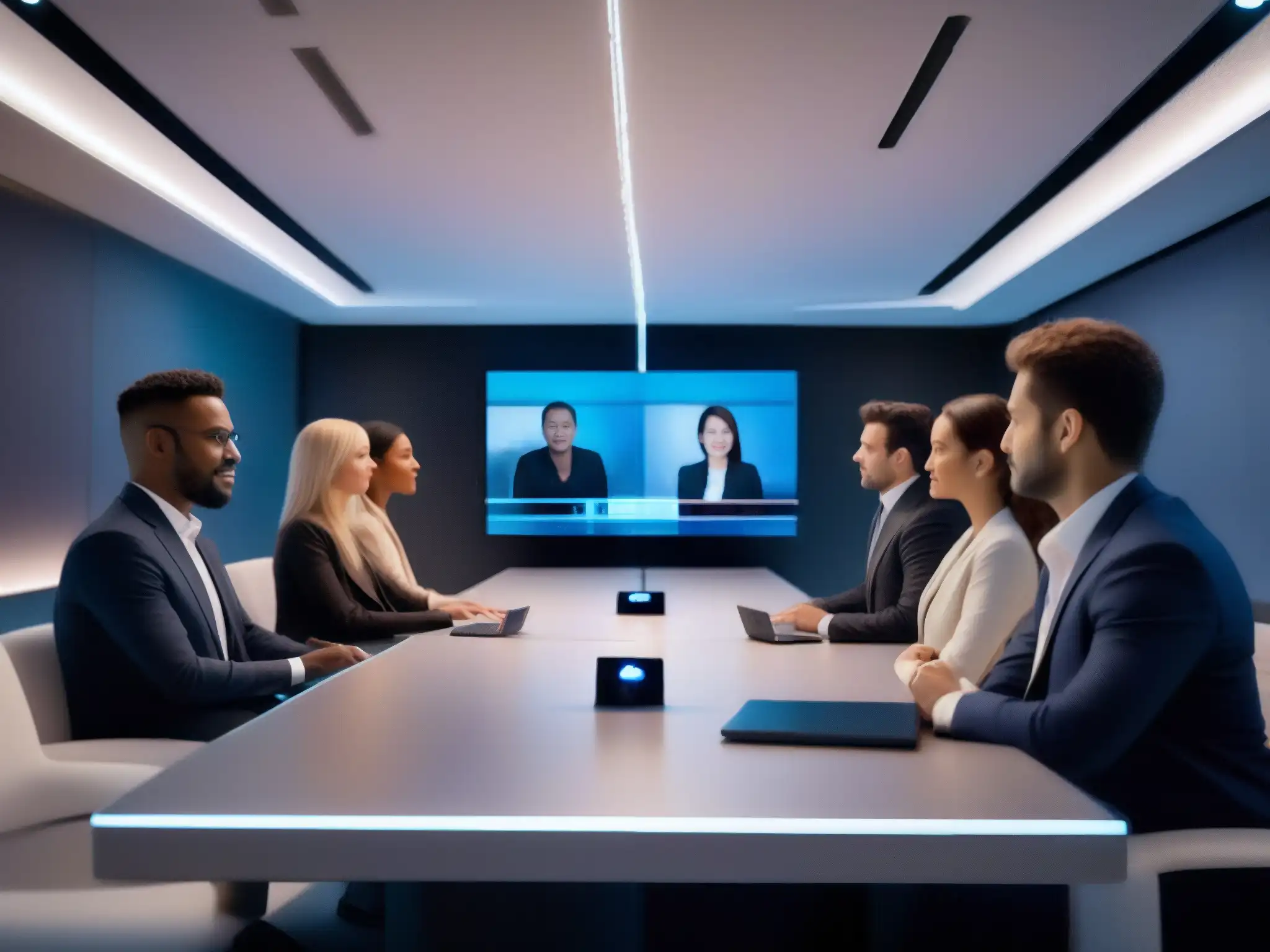Conferencia virtual futurista: AI transforma la comunicación Profesionales en videoconferencia con IA