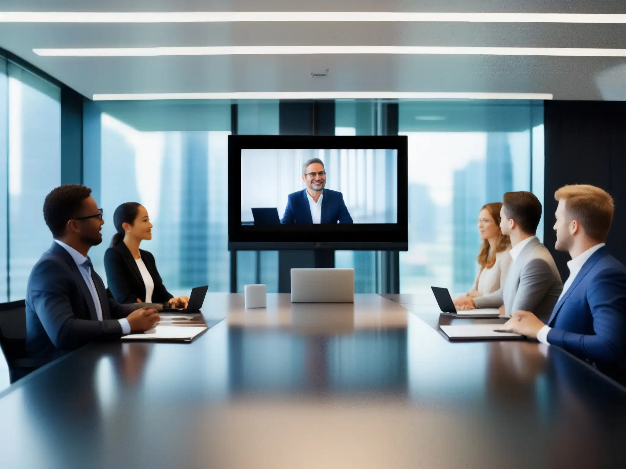 Conferencia de video AI: Profesionales enfocados en pantalla HD Profesionales en videoconferencia con IA