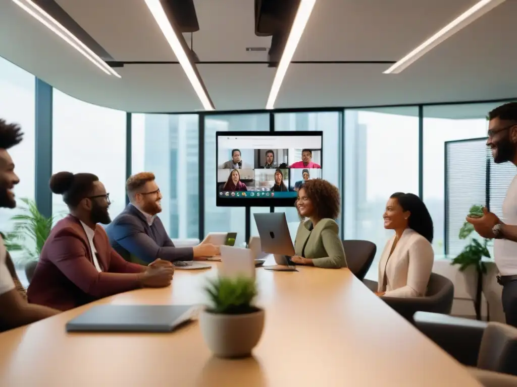 Reunión virtual de profesionales en oficina moderna con Slack Profesionales colaborando en una videoconferencia en Slack