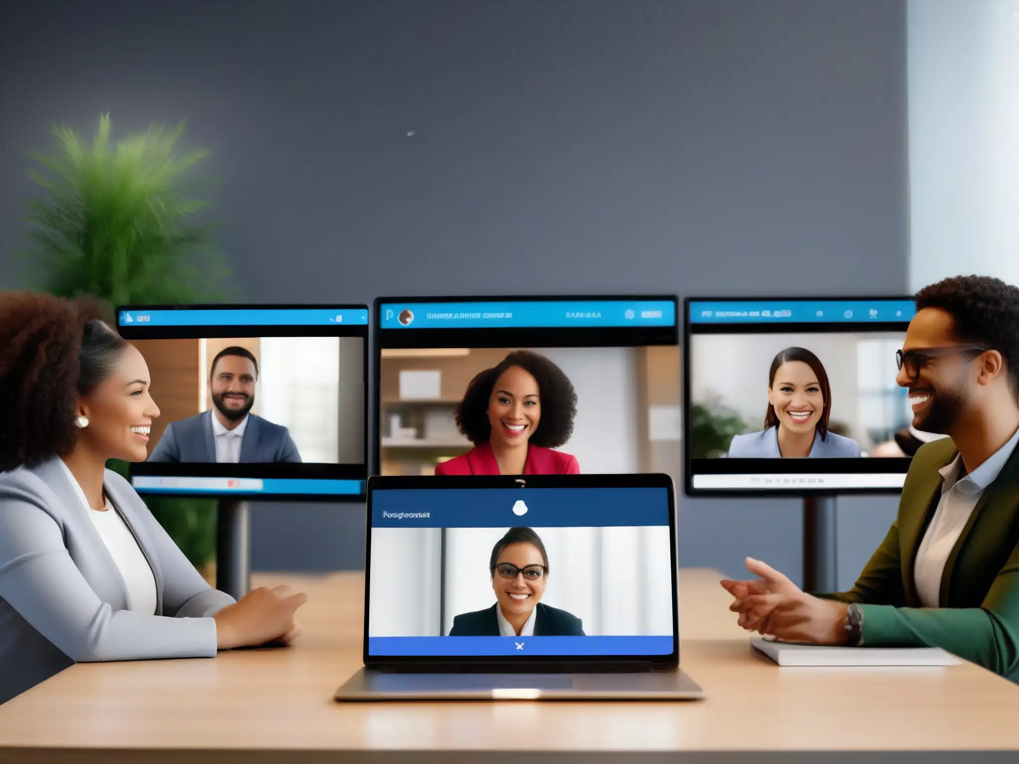Videoconferencia inclusiva: diversidad y accesibilidad en el trabajo Profesionales diversos participan en videoconferencia con accesibilidad, incluyendo subtítulos y transcripciones en Google Meet y Microsoft Teams