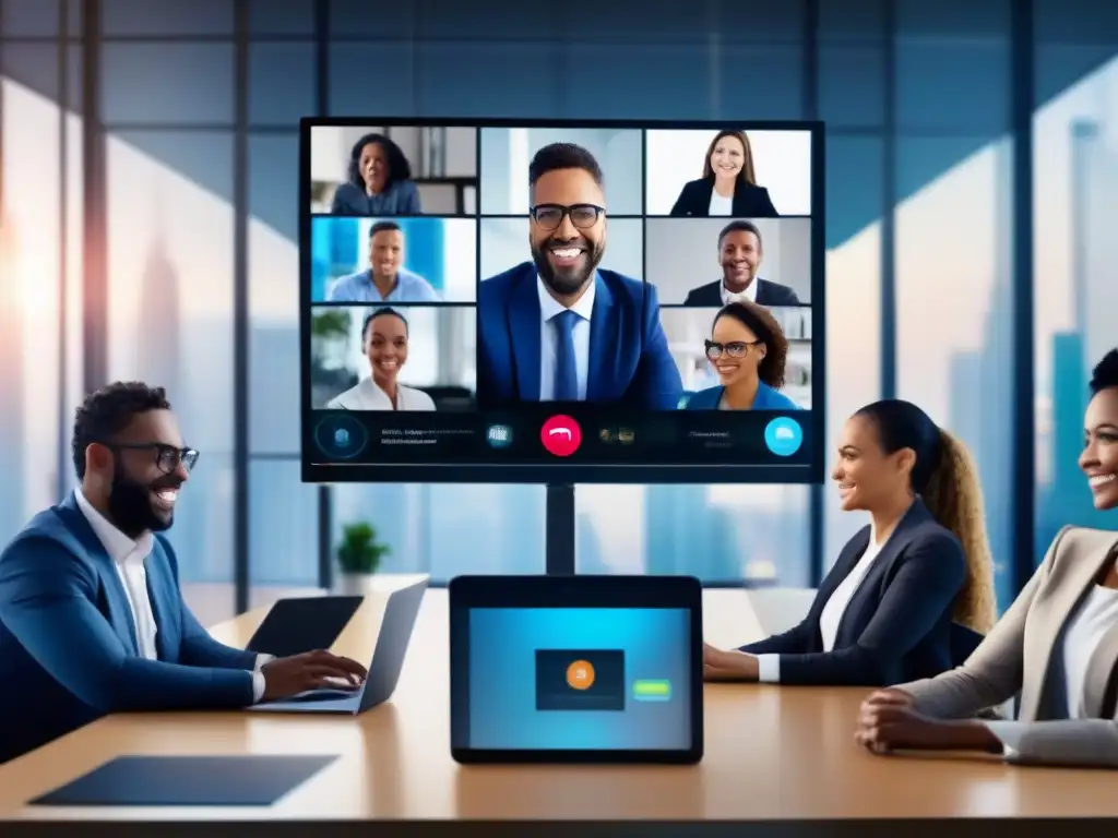 Profesionales colaborando en videoconferencia Profesionales en videoconferencia postpandemia, adaptabilidad y colaboración empresarial con tecnología avanzada y entorno innovador