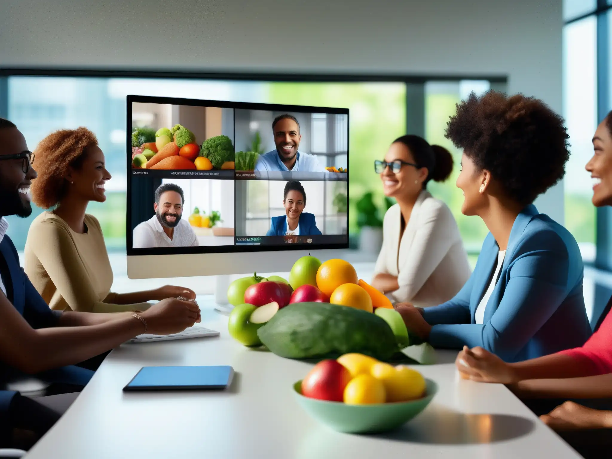 Profesionales en videoconferencia con alimentos saludables Profesionales disfrutan de una videoconferencia con alimentos saludables