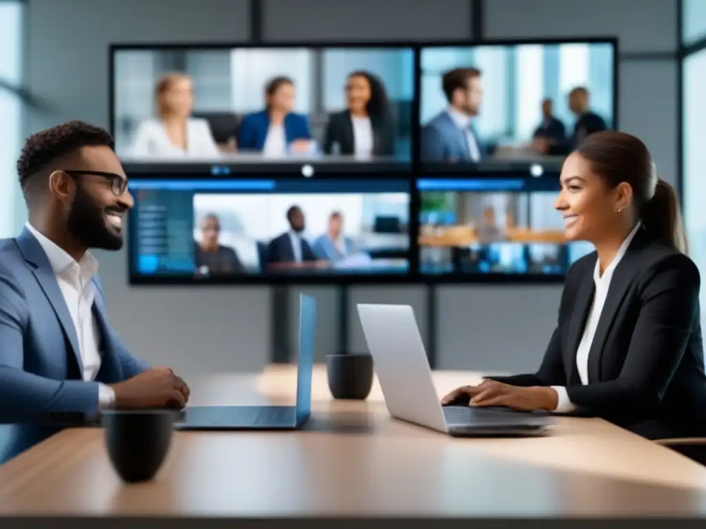 Videoconferencia profesional: comunicación efectiva en acción Profesionales en una videoconferencia de alta calidad, evitando errores comunes en gestión de videoconferencias