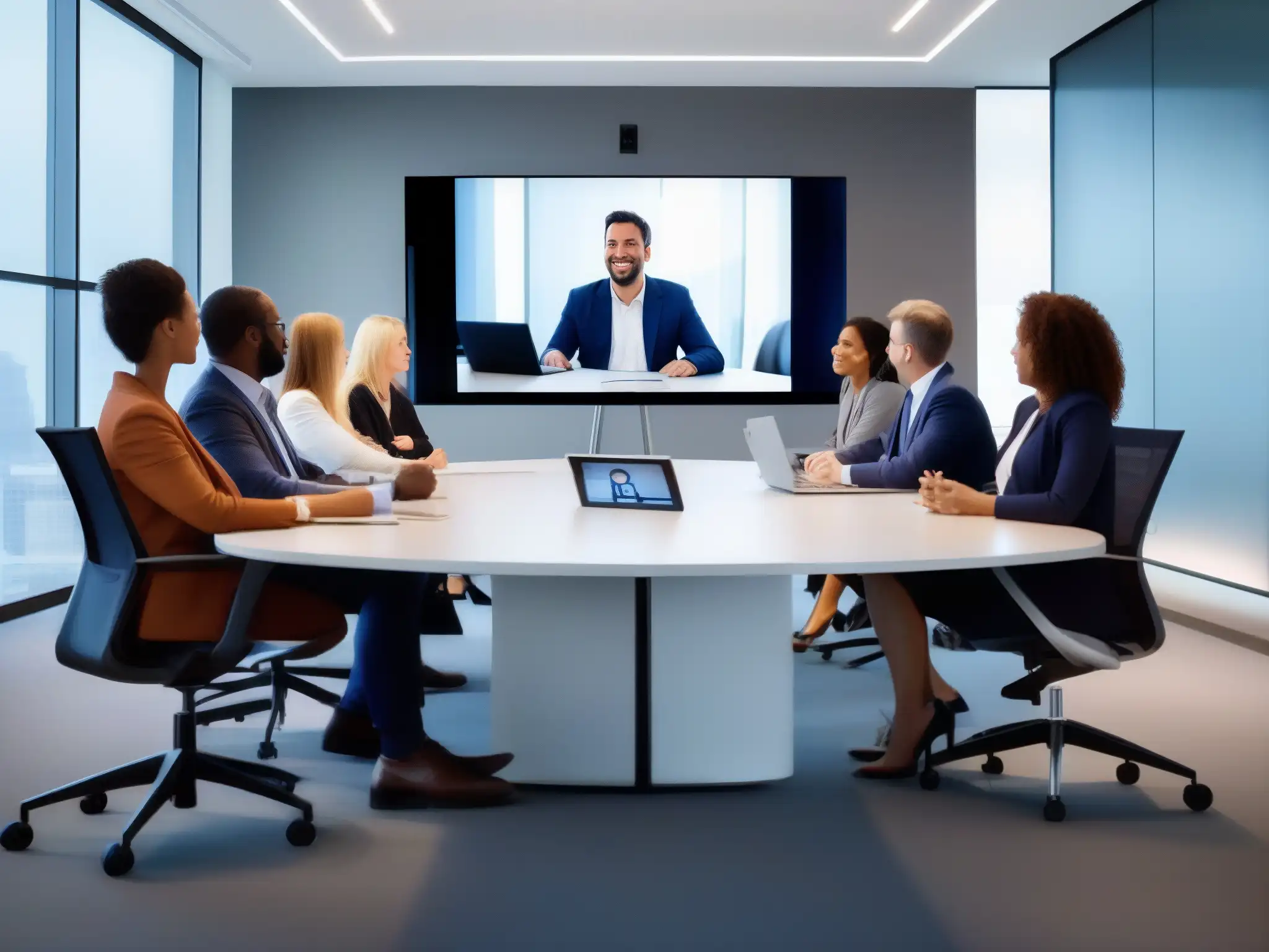 Reunión profesional en videoconferencia de alta calidad Profesionales en videoconferencia, con conexión de alta calidad y ambiente moderno