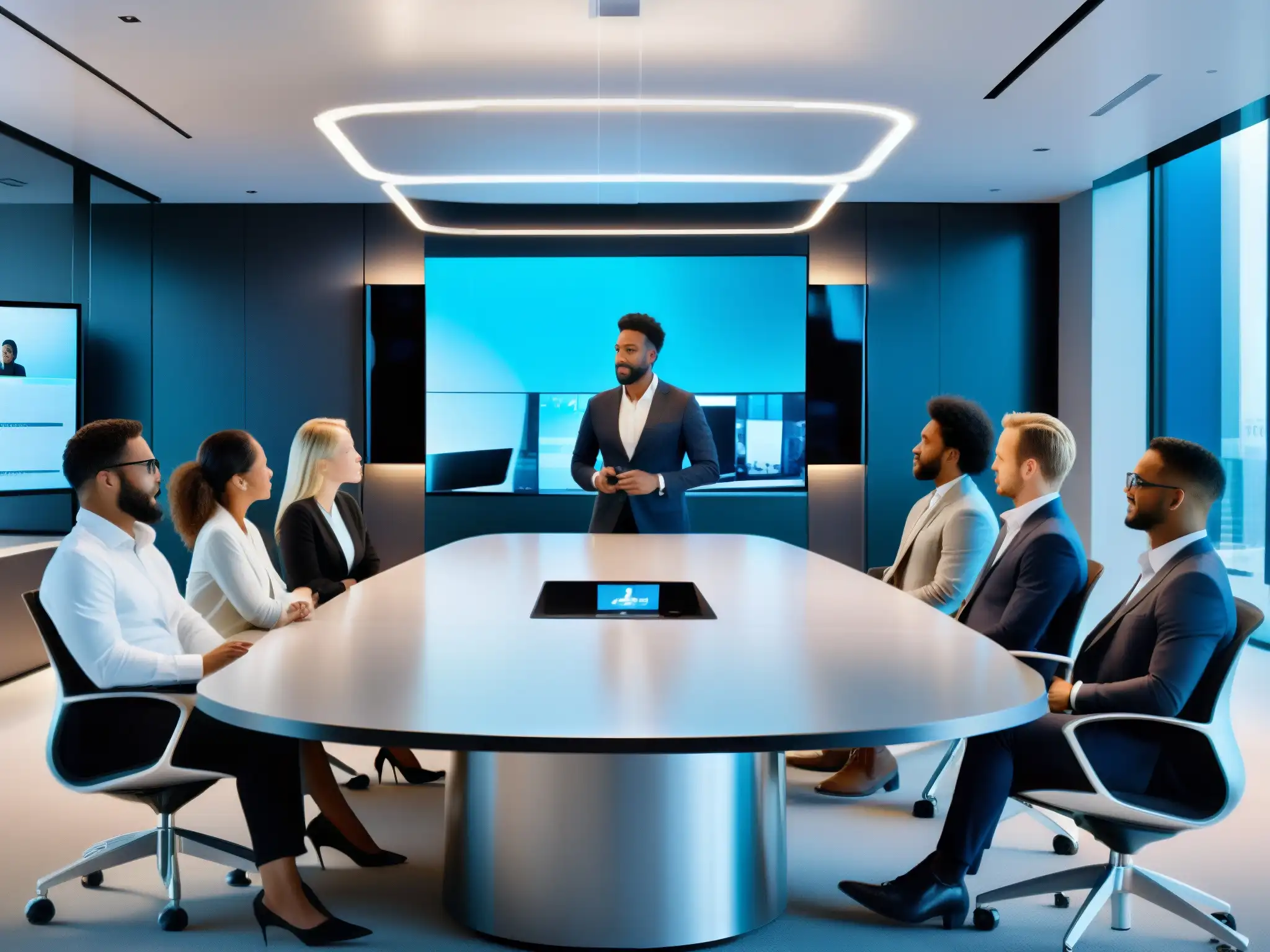 Videoconferencia 5G de Alta Calidad en Boardroom Futurista Profesionales en videoconferencia 5G de alta calidad en un futurista boardroom, colaborando sin problemas