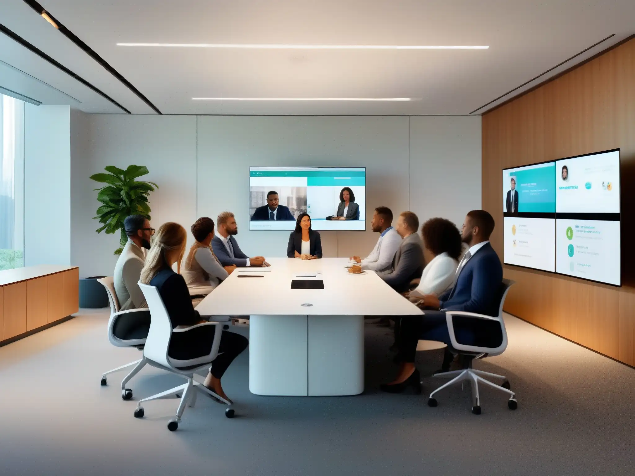 Profesionales colaborando en videoconferencia con Webex by Cisco Profesionales colaborando en una videoconferencia de alta calidad en una sala moderna y luminosa