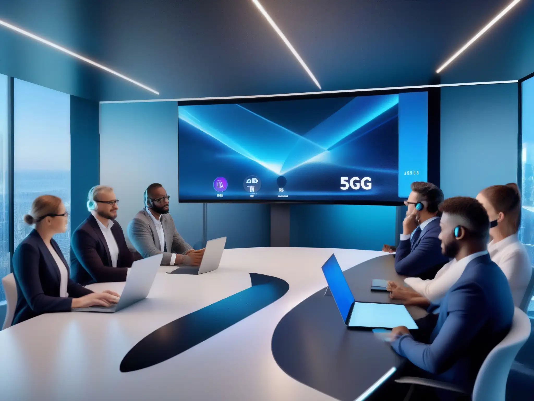 Conferencia profesional en 5G: calidad y profesionalismo Profesionales en videoconferencia de alta calidad, destacando el potencial del 5G en comunicación profesional