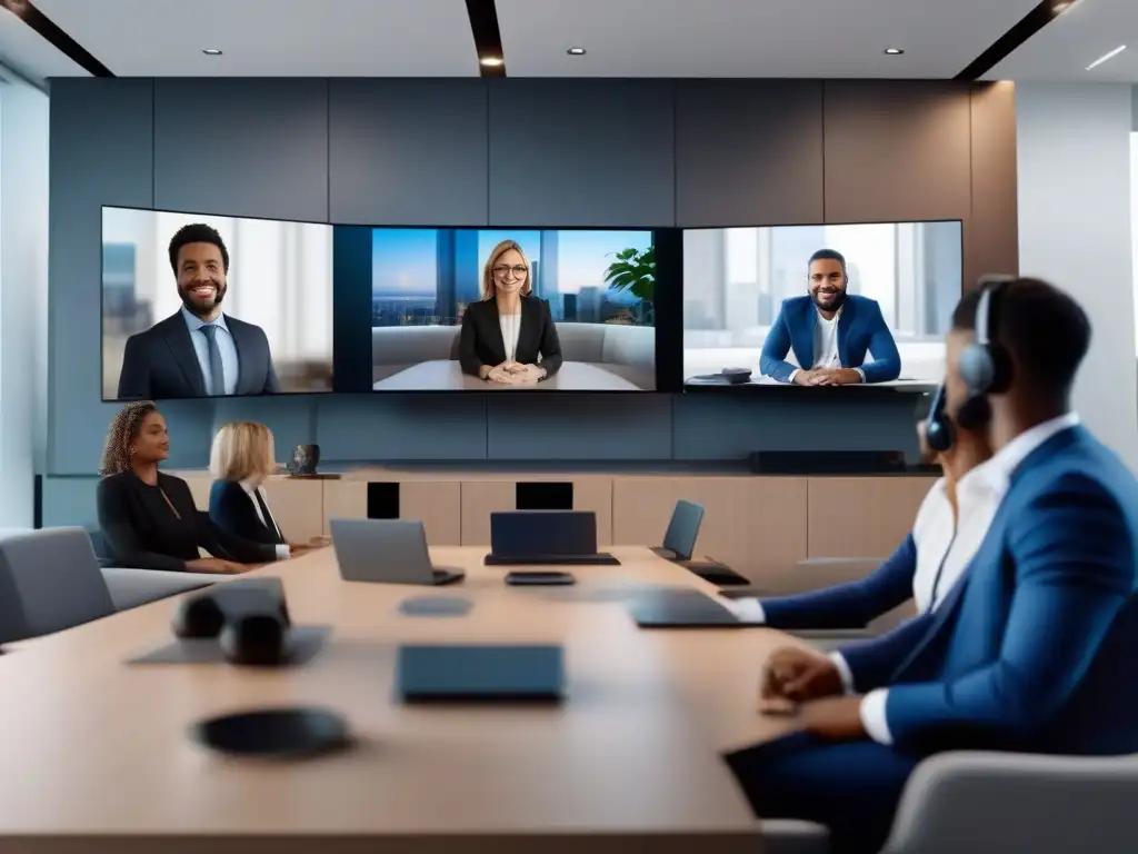 Videoconferencia 5G de alta calidad con profesionales en entorno futurista Profesionales en videoconferencia de alta calidad, destacando la imagen 5G en un entorno futurista de oficina