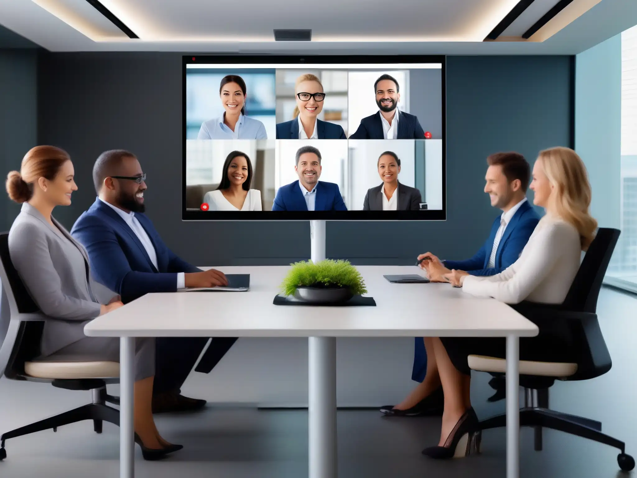 Videoconferencia AI: Comunicación profesional y calidad excepcional Profesionales en videoconferencia de alta calidad, con colores vivos y comunicación fluida, destacando la mejora calidad vídeo IA en videoconferencias