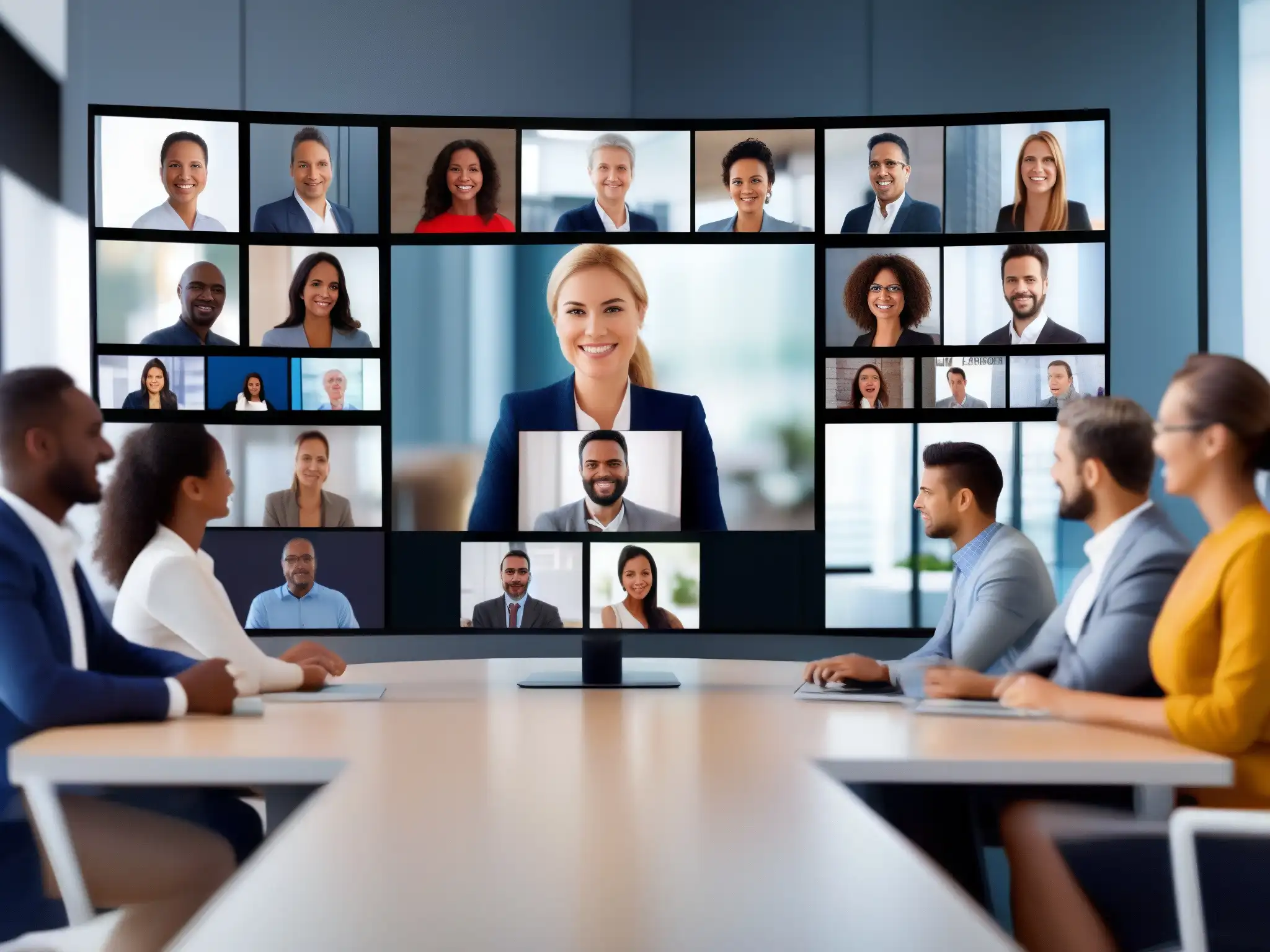 Videoconferencia profesional de alta calidad con expresiones comprometidas Profesionales en videoconferencia de alta calidad, colaborando con expresiones comprometidas