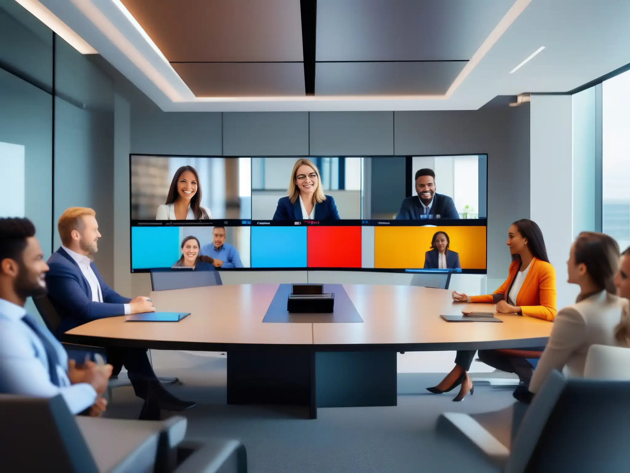 Videoconferencia de alta definición: Colaboración profesional con expresiones claras Profesionales en videoconferencia de alta calidad HD, colaboración productiva en sala contemporánea bien iluminada