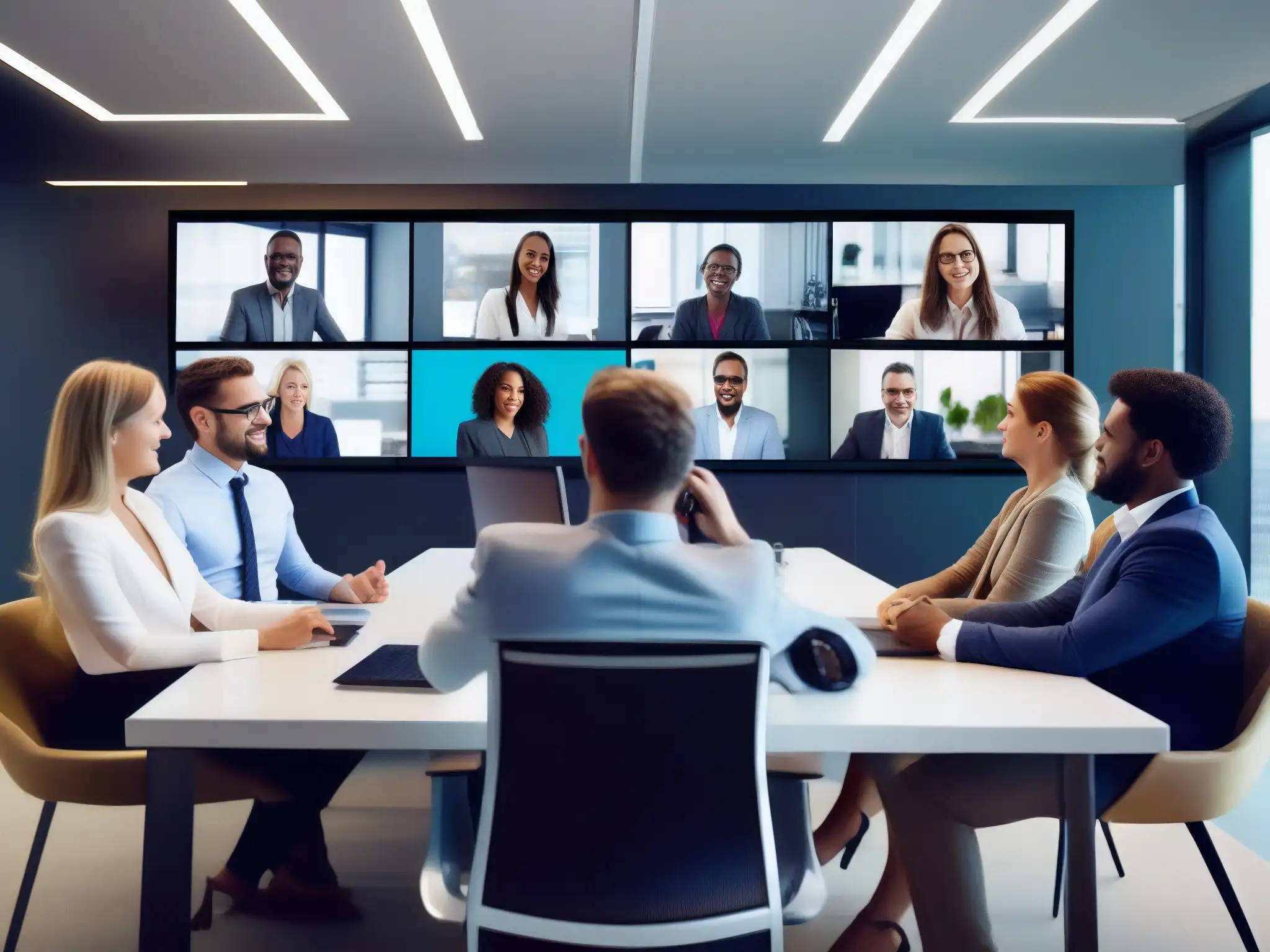 Videoconferencia de alta definición: Colaboración profesional y eficiente Profesionales colaboran en una videoconferencia de alta calidad HD, mostrando expresiones claras y comunicación eficiente